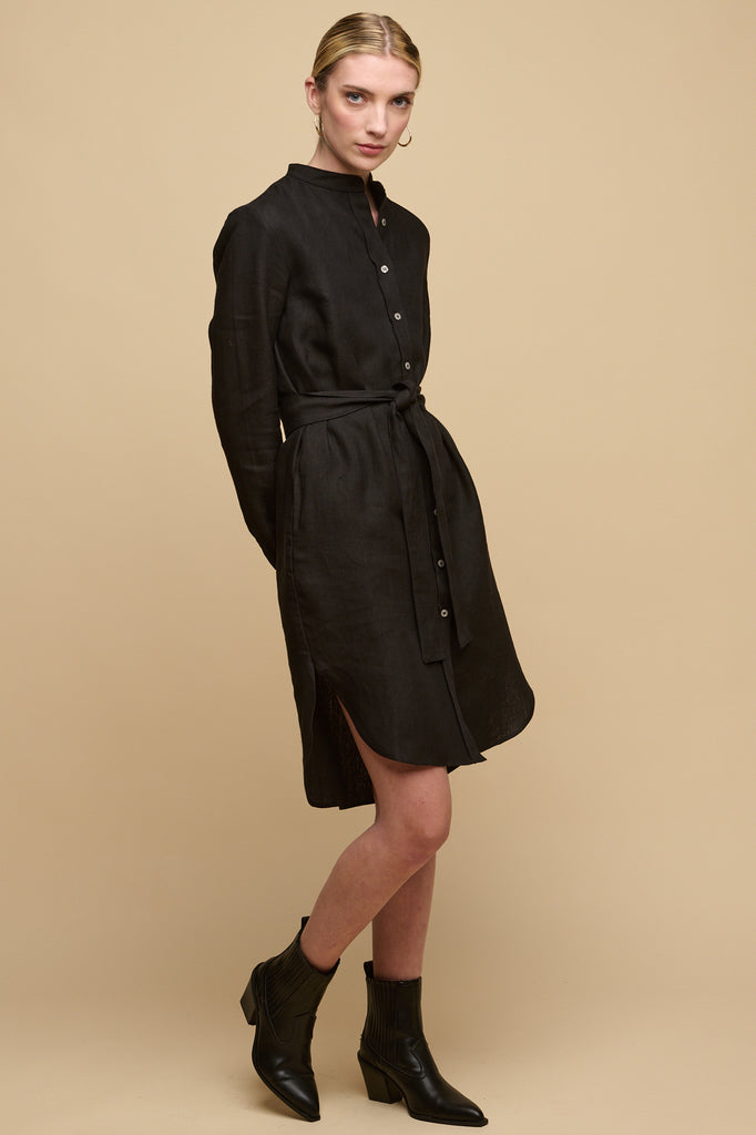 Women's Collarless Shirt Dress Black Linen - Main Image
