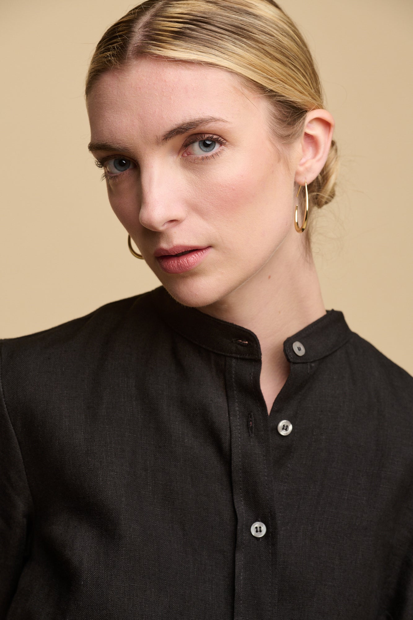 Women's Collarless Shirt Dress - Black Linen Women's Collarless Shirt Dress - Black Linen