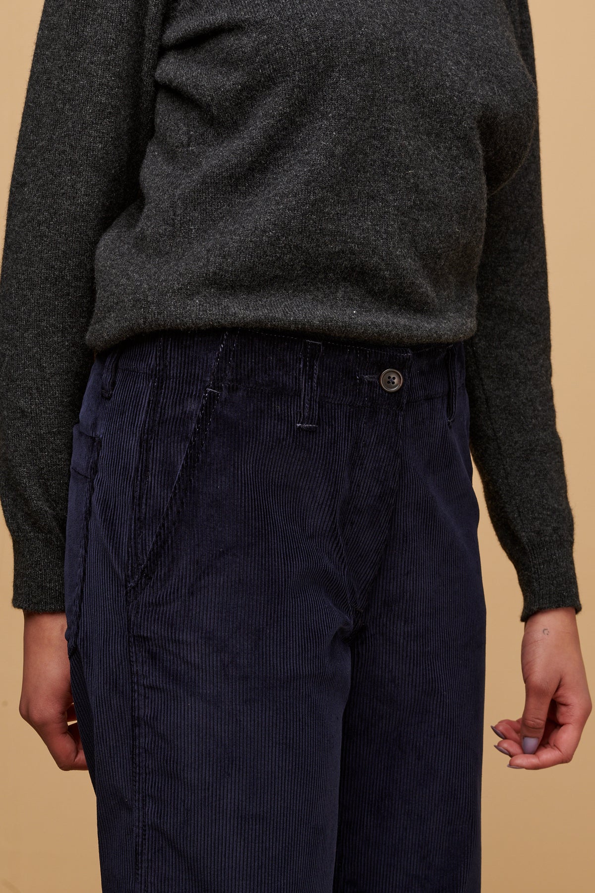 Close up of corduroy work trouser's in navy