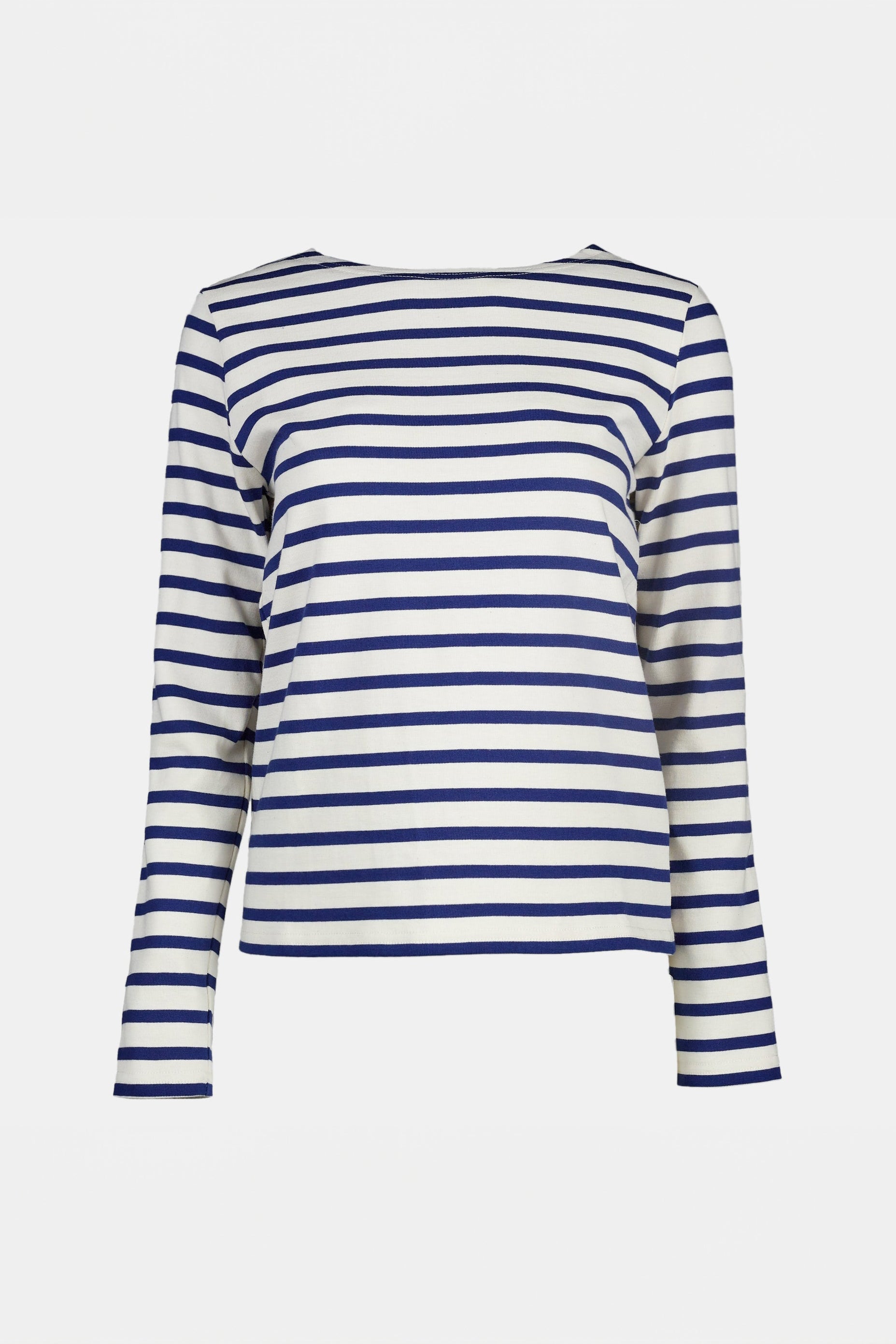 Ghost mannequin product shot of breton in ecru and bright blue