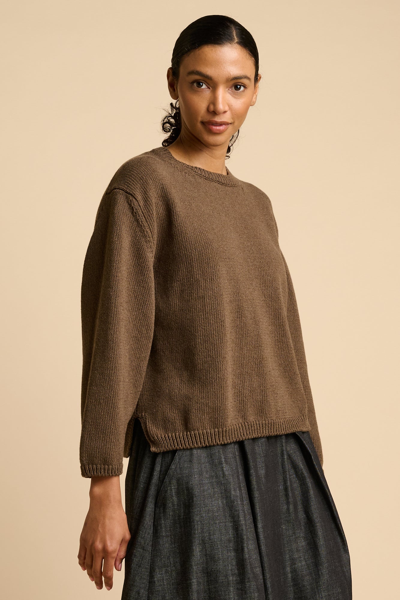 WOMENS COTTON CREW NECK - BROWN MARL