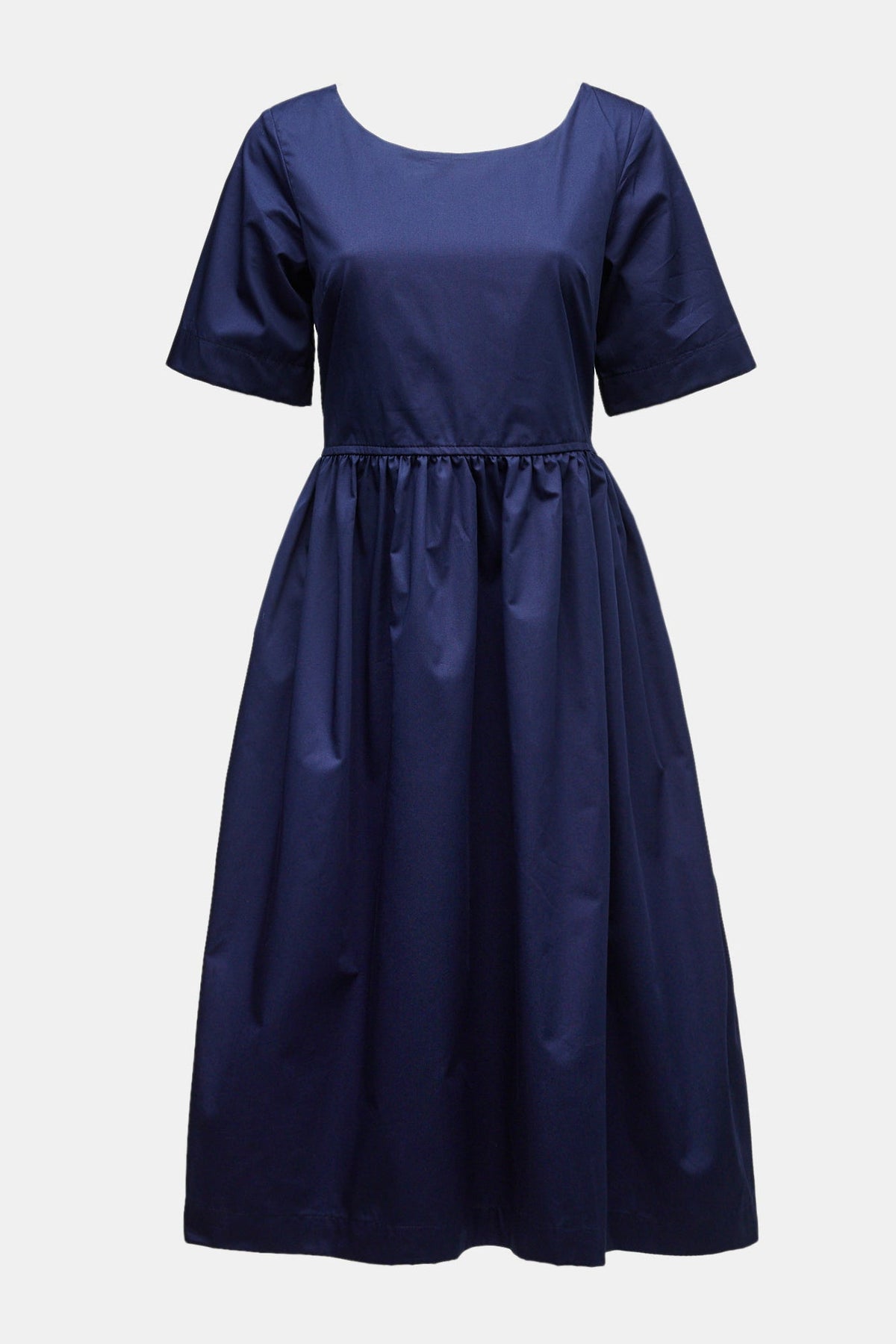 
            navy crew neck gathered dress on a mannequin
