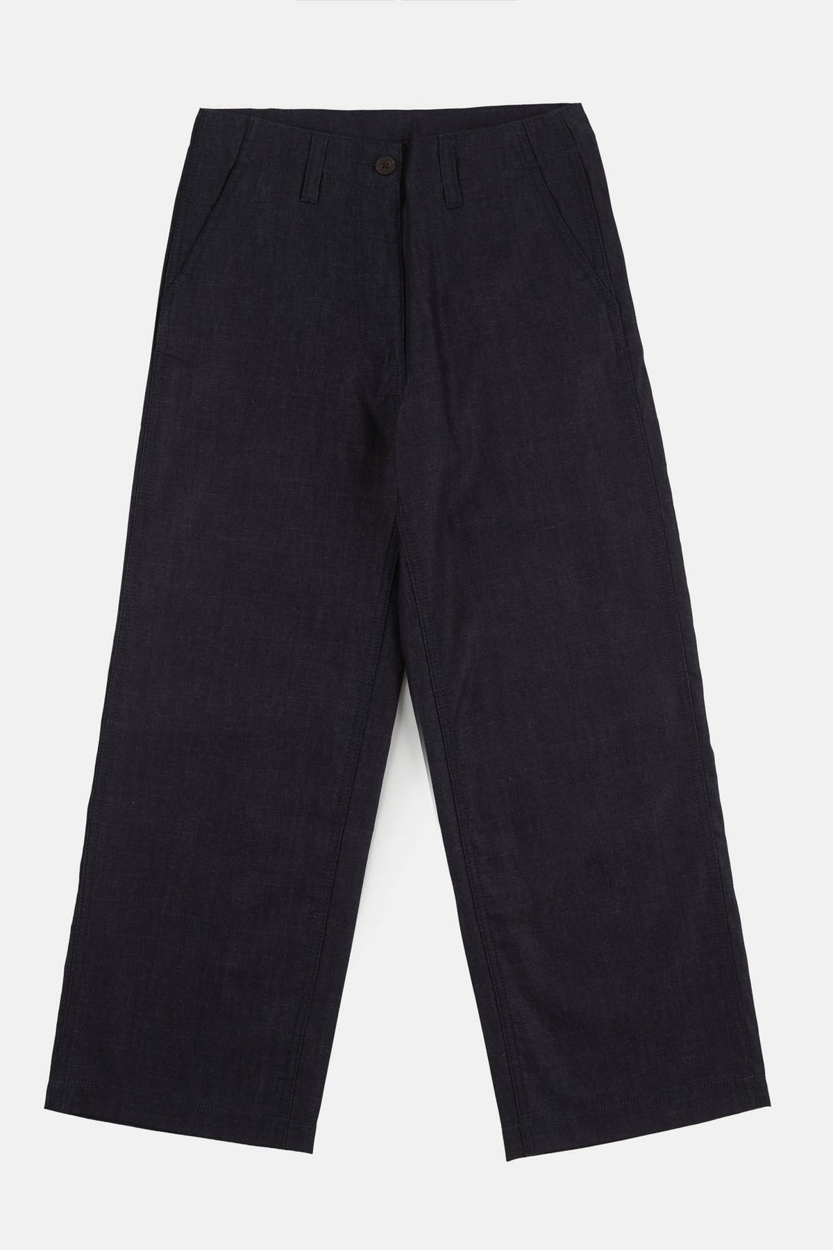 
            Women&#39;s cropped work trouser indigo denim flatlay