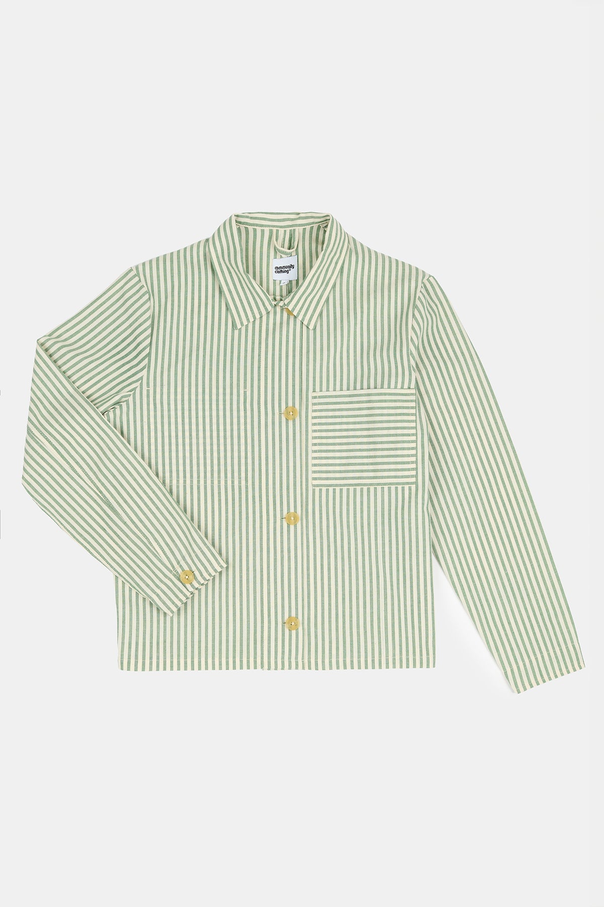 
            Flatlay product image of Elena stripe shirt in green and white stripe