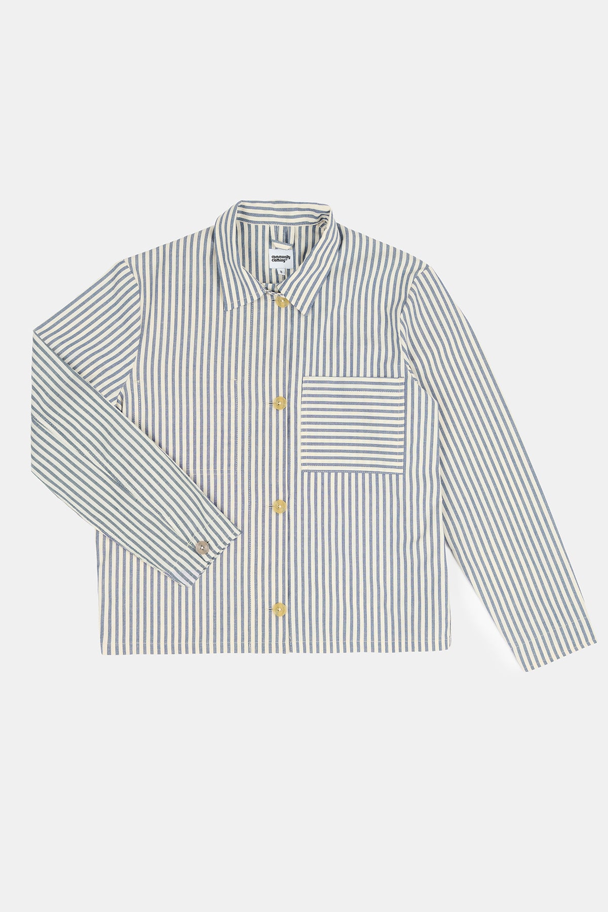 Flatlay product image of womon's Elena stripe shirt in navy white stripe