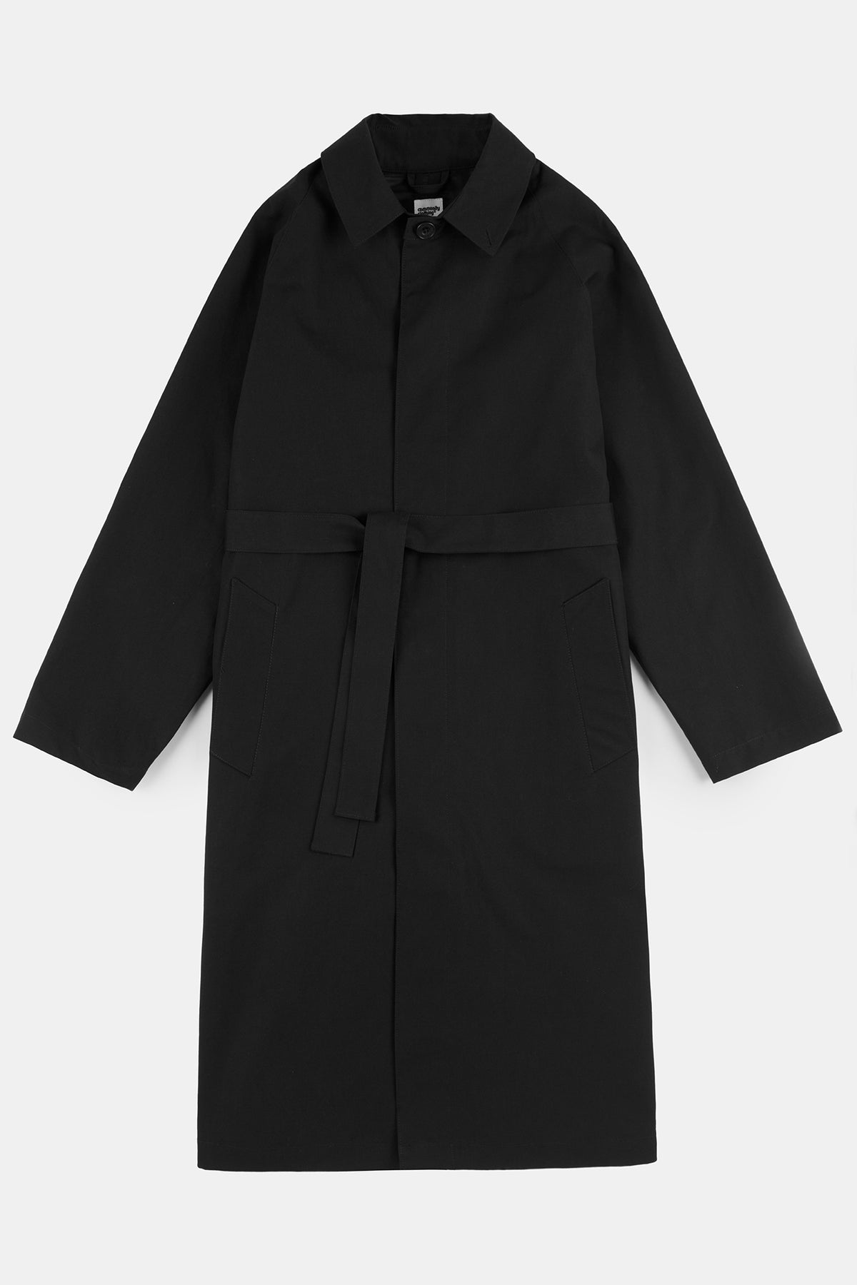 Flatlay product shot of women's Frances Belted Raglan Raincoat in black
