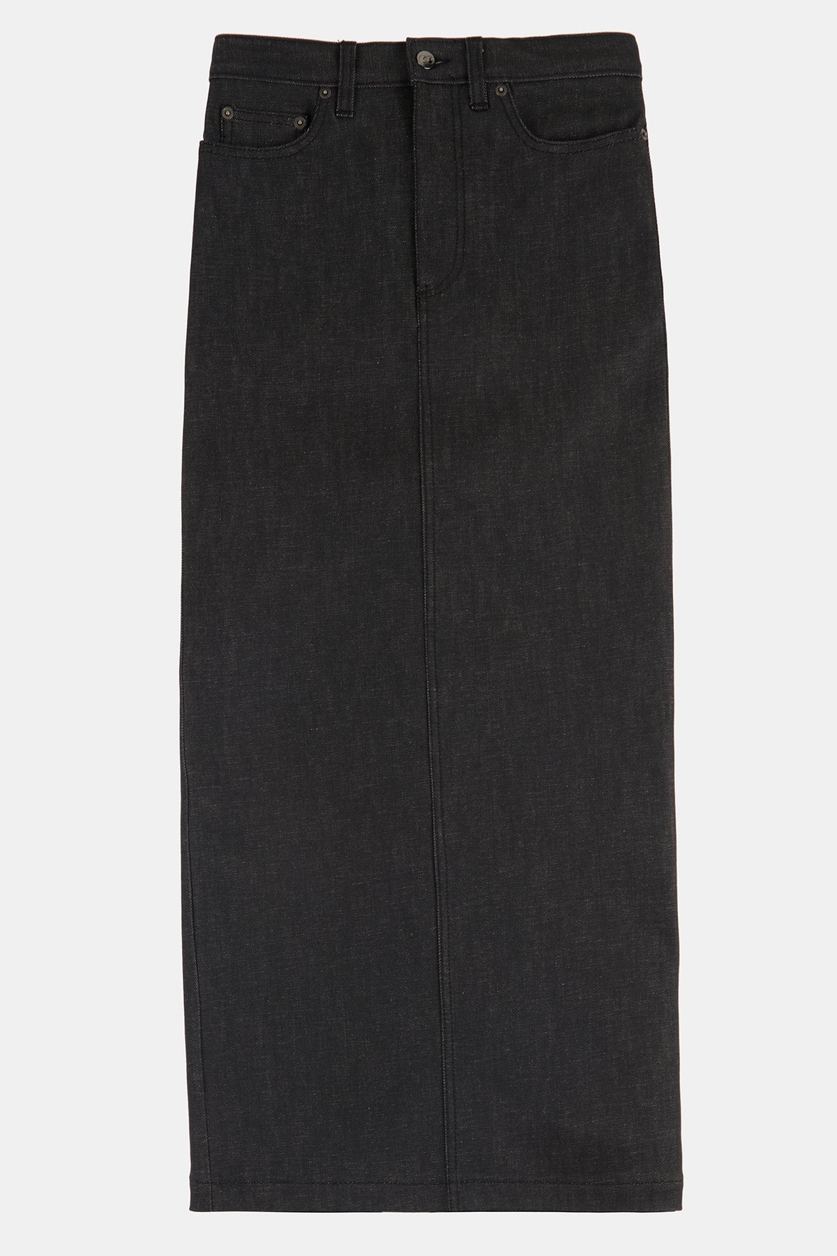 Flatlay product shot of women's Frankie Denim Maxi Skirt in black