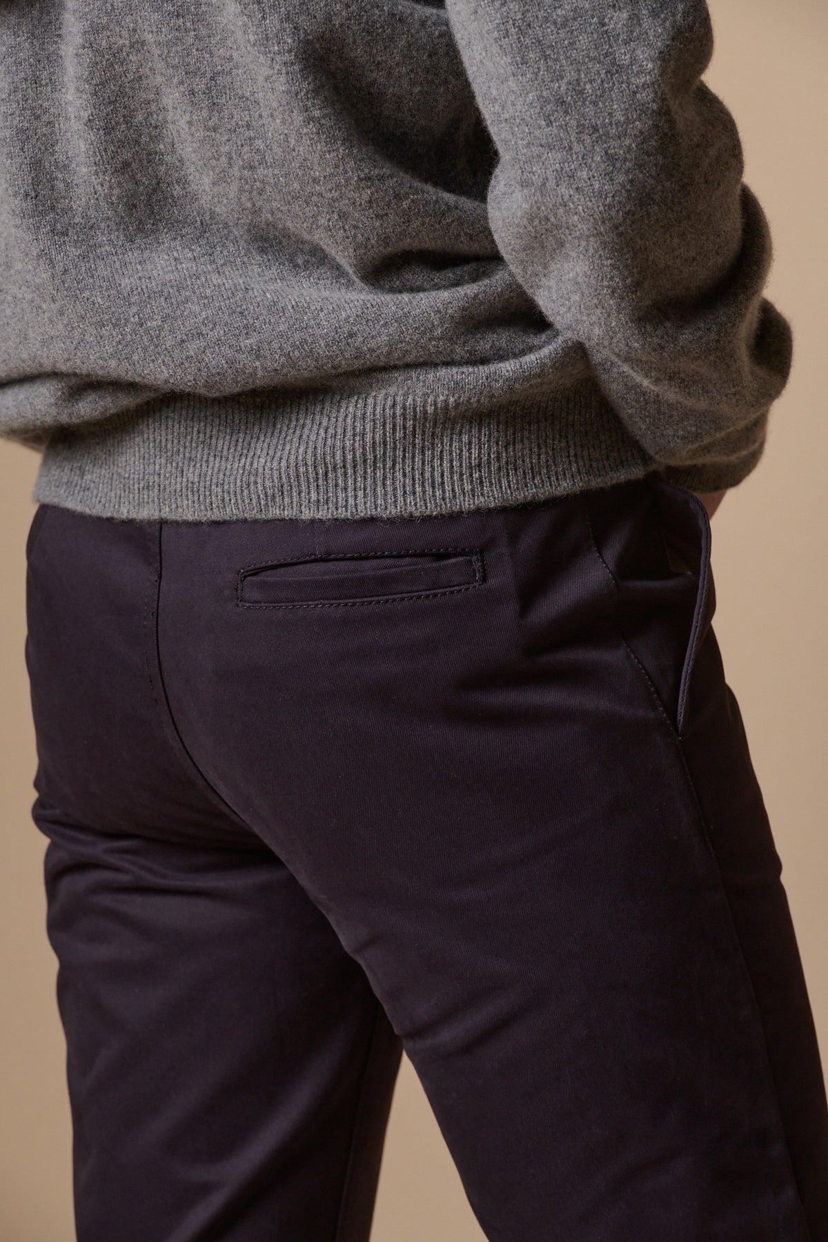 Back pocket detail of the heavyweight slim chino in navy
