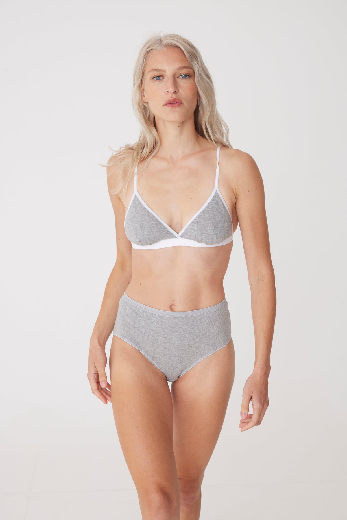blonde female in grey high rise brief