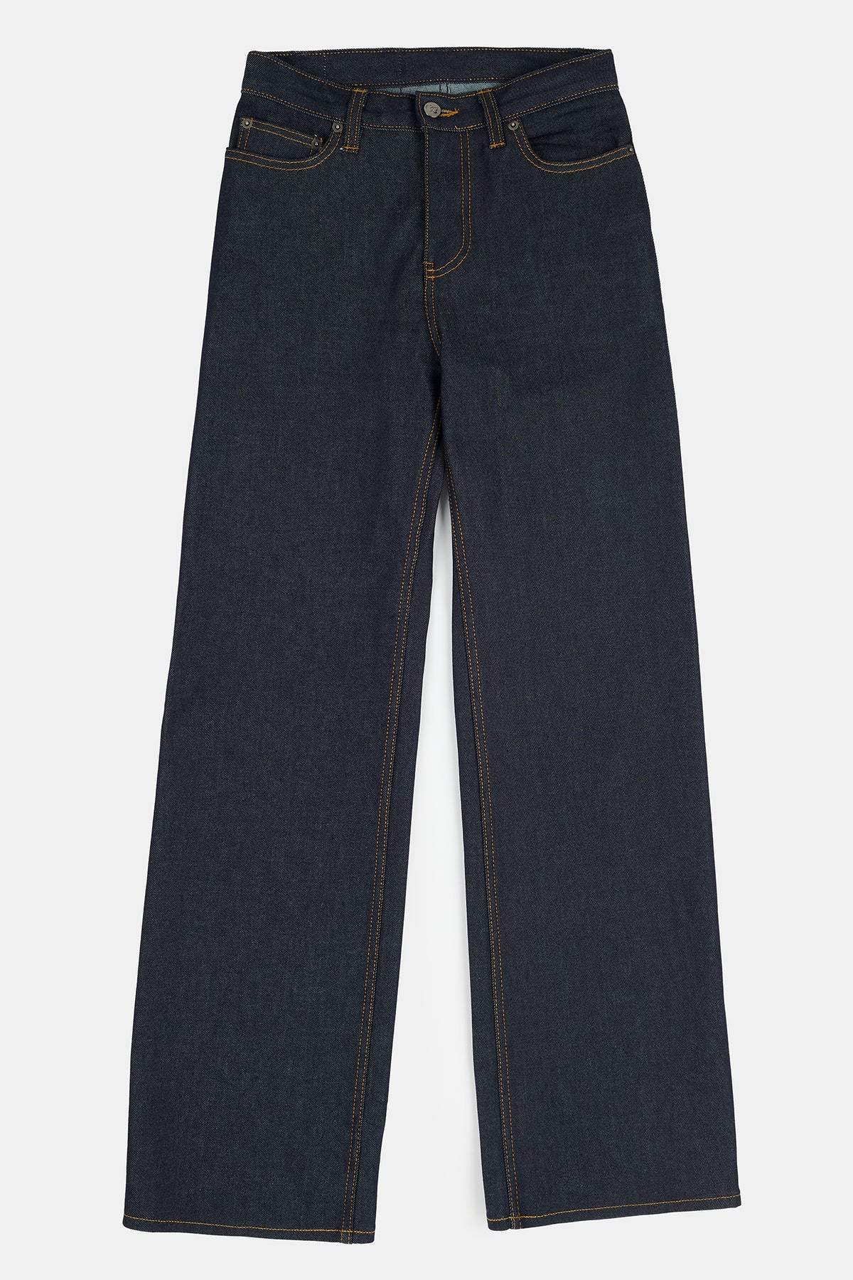 
            Flatlay product image of high rise wide leg jeans in indigo