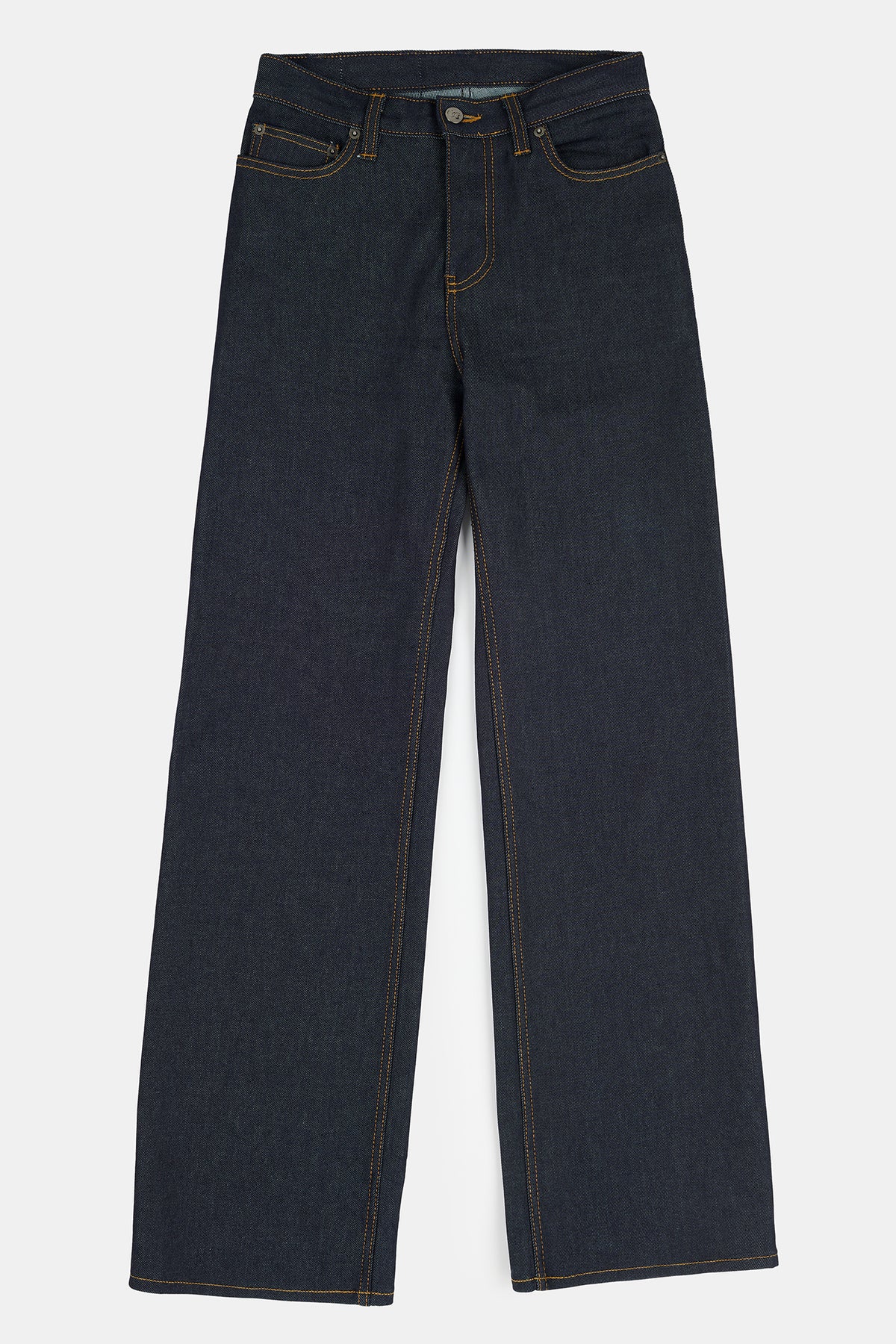 Flatlay product image of high rise wide leg jeans in indigo