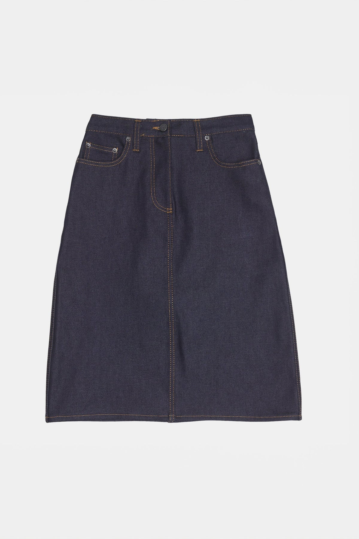 
            A flat lay shot of a knee length jean skirt in indigo denim
