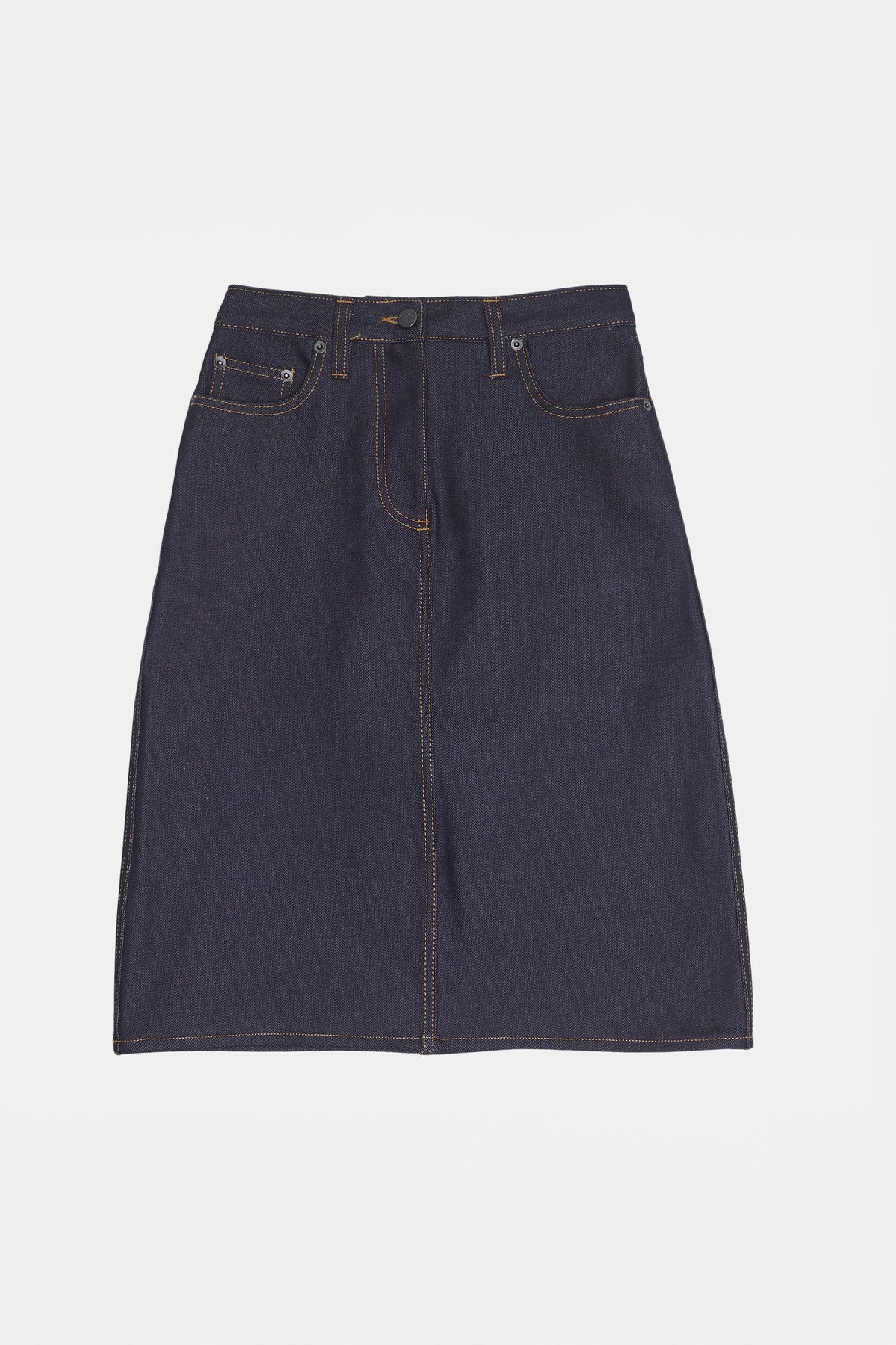 A flat lay shot of a knee length jean skirt in indigo denim