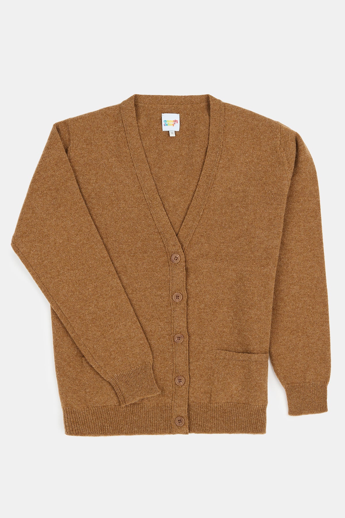 Flatlay product image of female wearing lambswool cardigan in dark camel