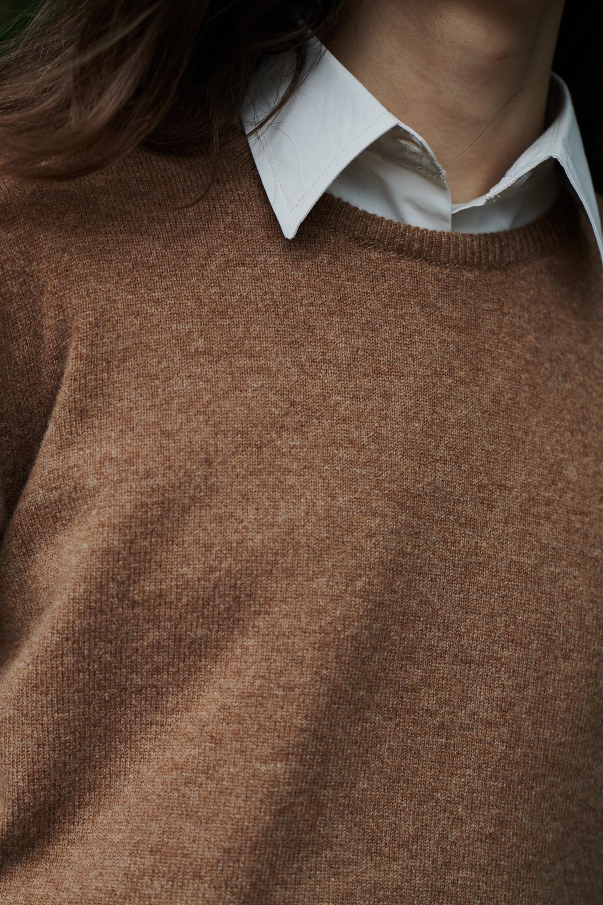 Brunnette female wearing lambswool crew neck in dark camel rib crew neckdetail