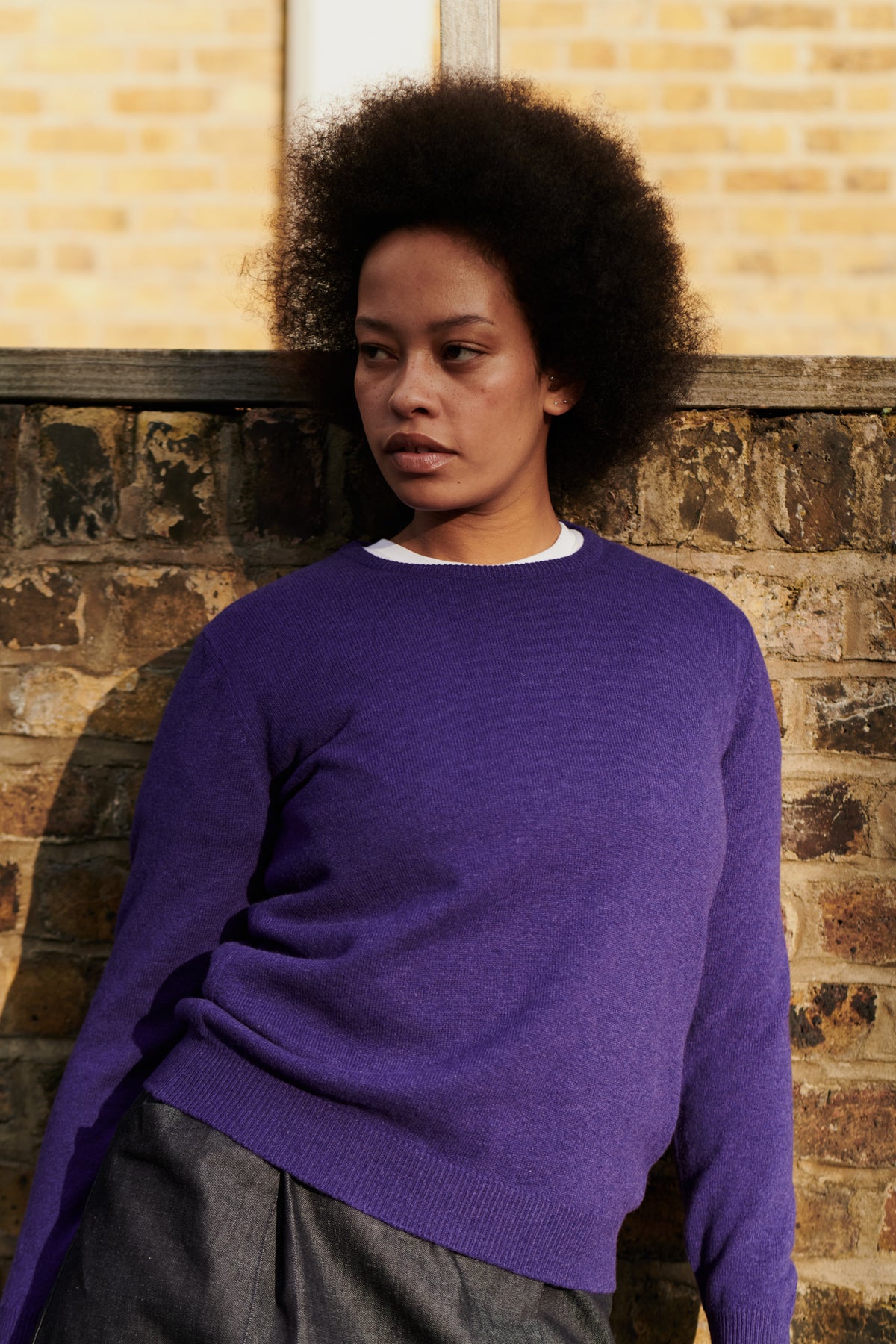 
            Front of female wearing lambswool crew neck jumper I dark purple