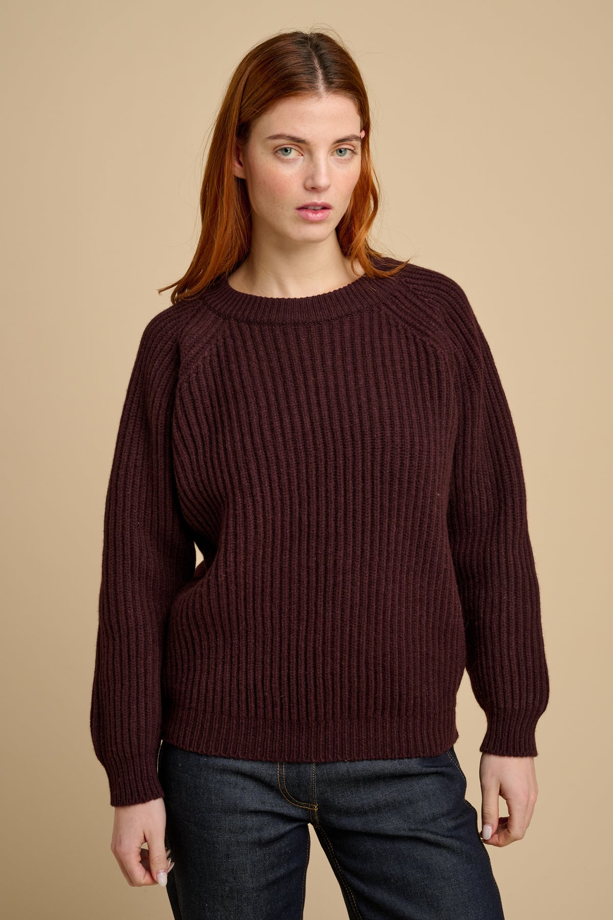 Woman wearing a lambswool fisherman ribbed jumper in chocolate against a beige background.