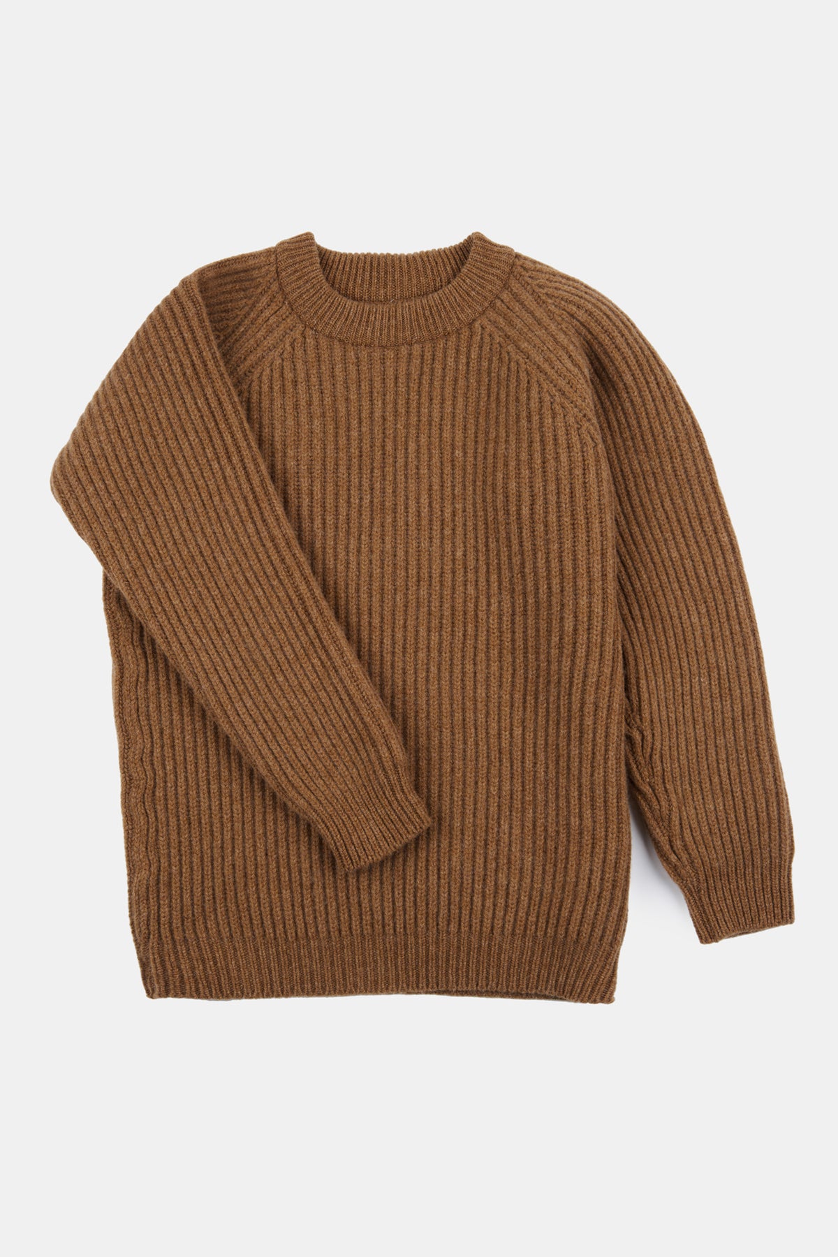 
            Flatlay shot of women&#39;s lambswool fisherman ribbed jumper in dark camel 