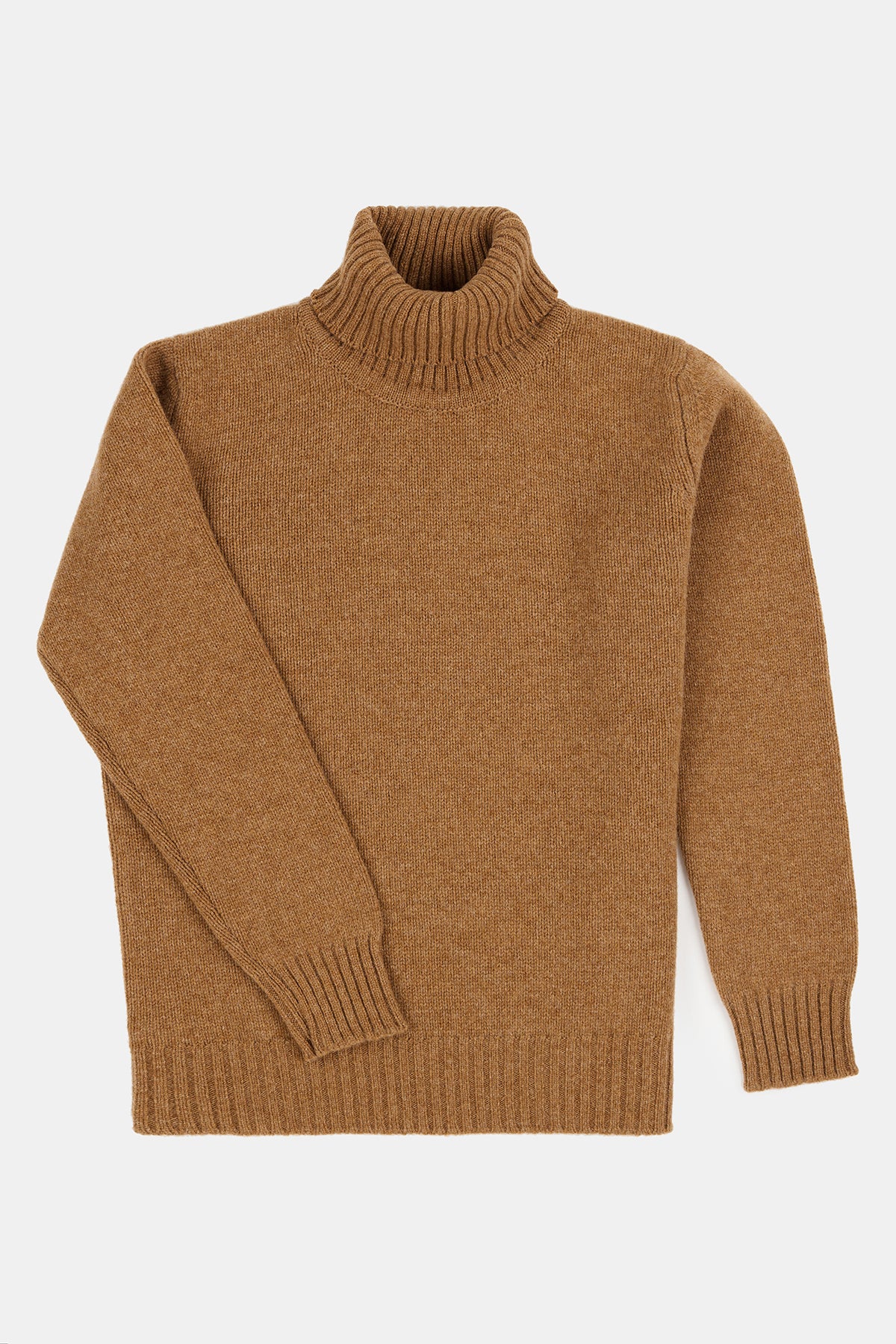 Flatlay product image of women's lambswool roll neck in dark camel