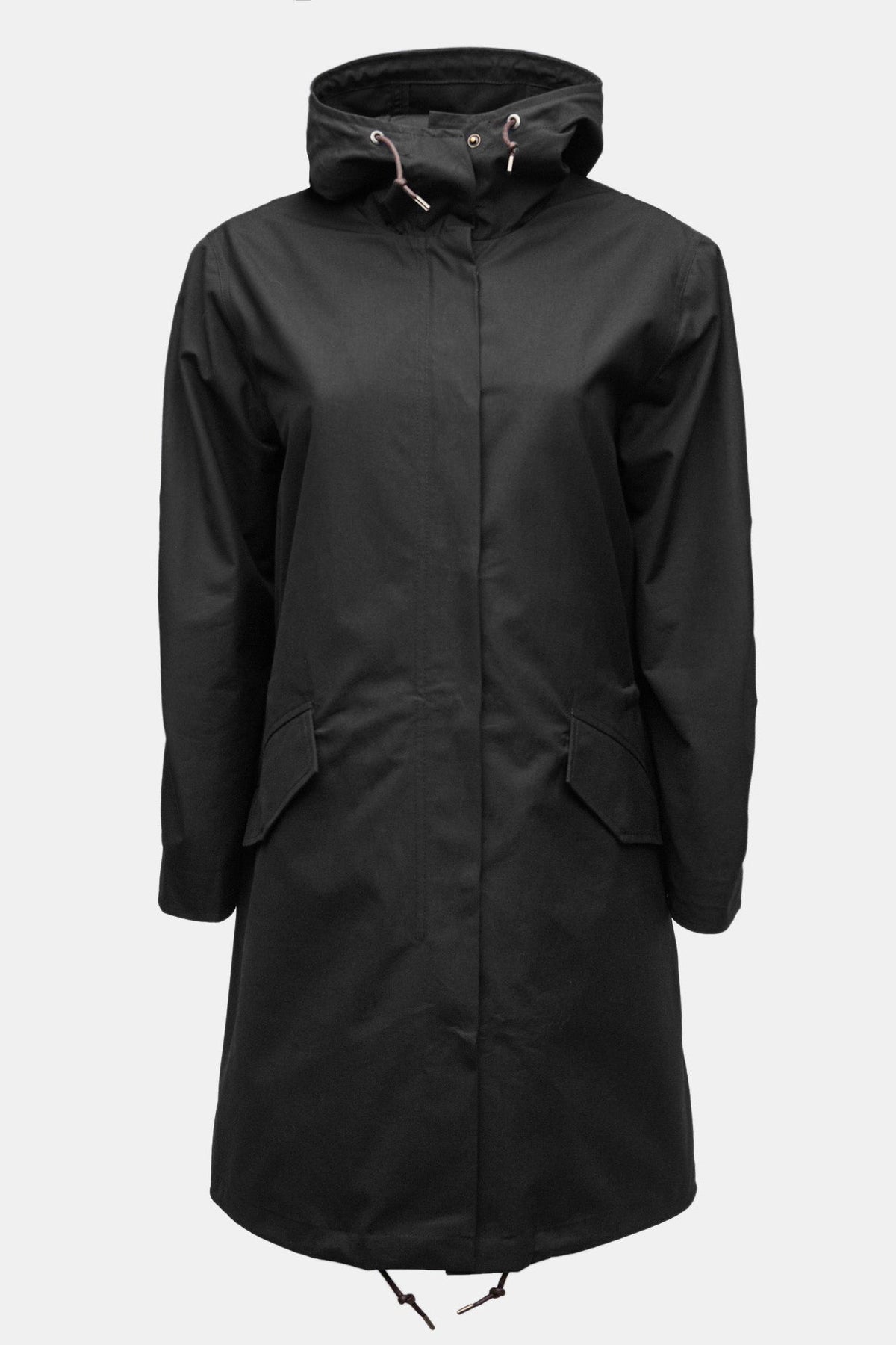 Women's Long Black Parka on a mannequin