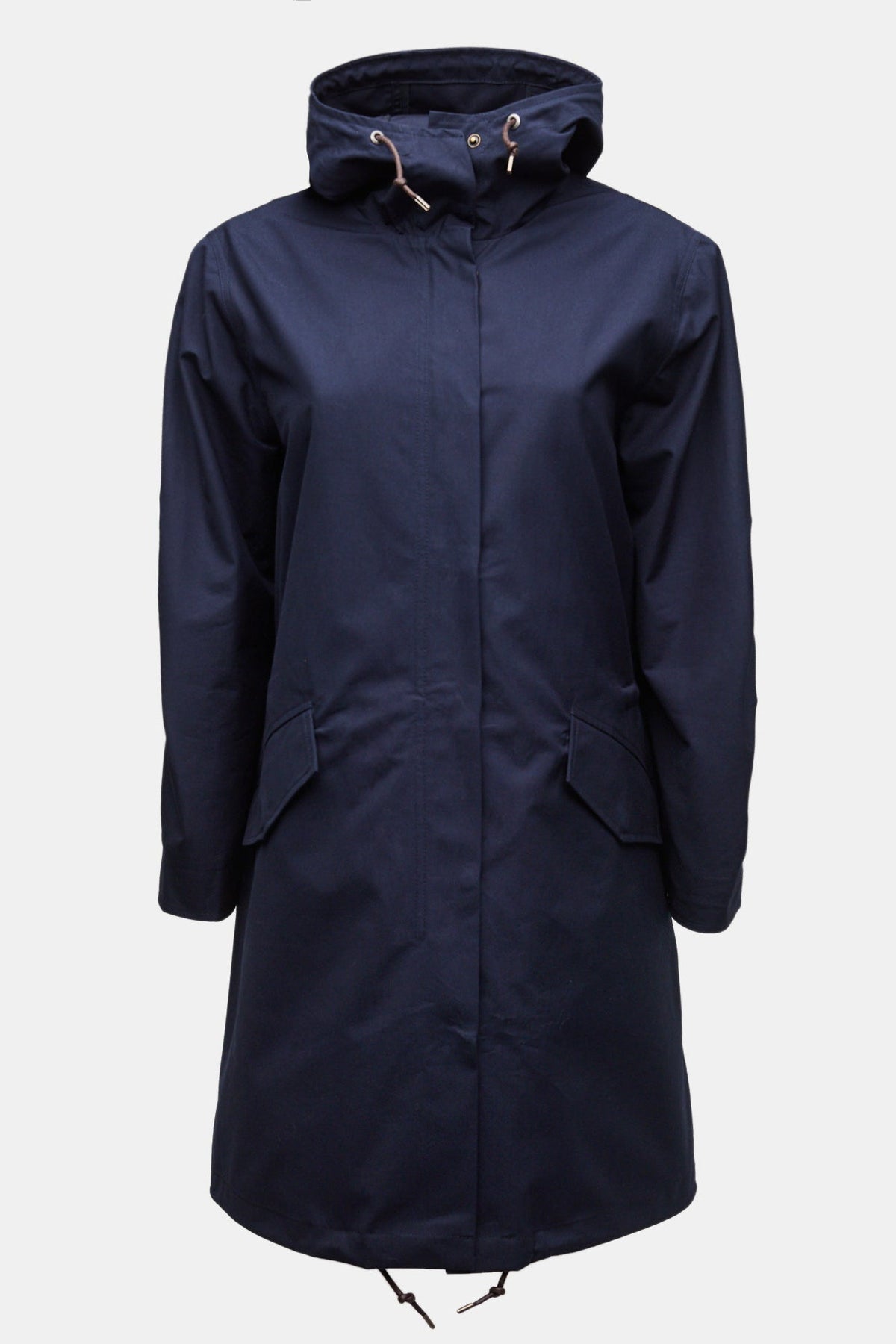 Women's Long Navy Parka on a mannequin