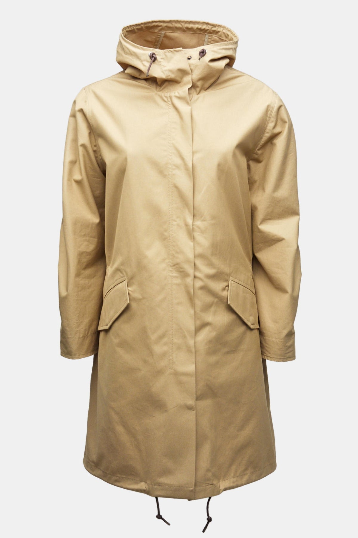 women's long parka in a stone coloured cotton photographed on a mannequin