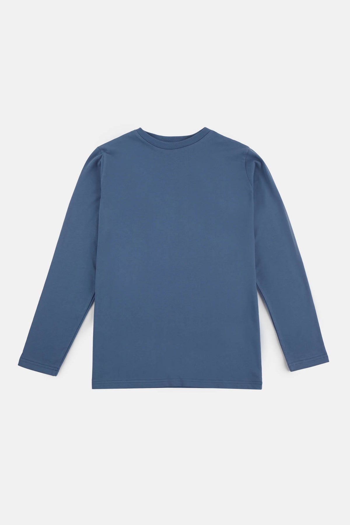 Flatlay image of women's long sleeve t shirt in RAF blue, crew neck