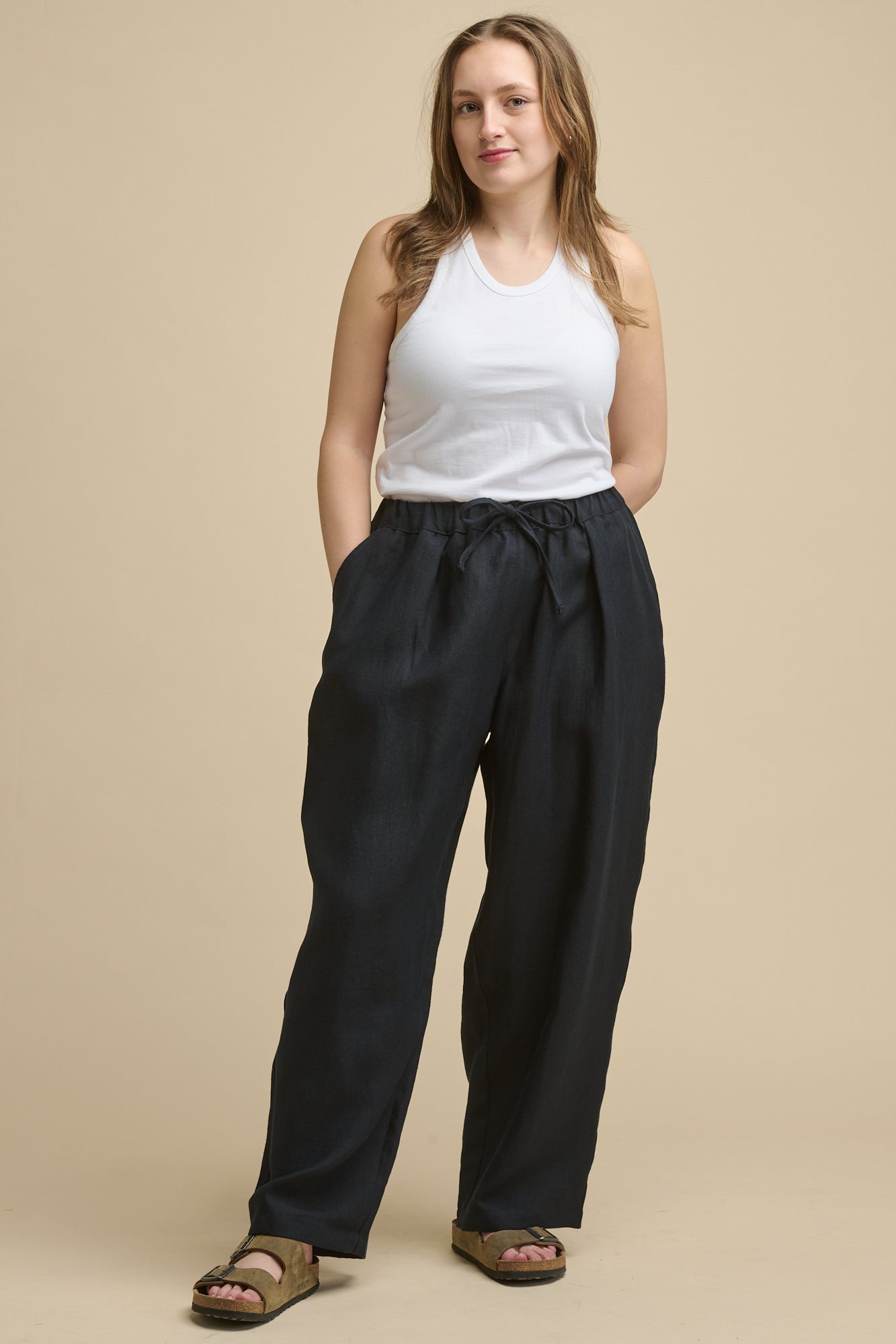 Women's Lorna Elasticated Waist Linen Trouser - Navy - Community Clothing