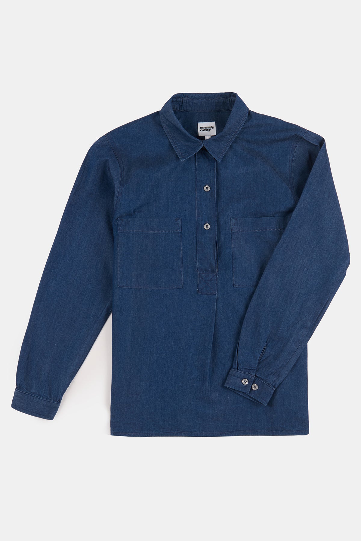 Flatlay product shot of women's Olivia Half Placket Lightweight Denim Shirt in indigo denim