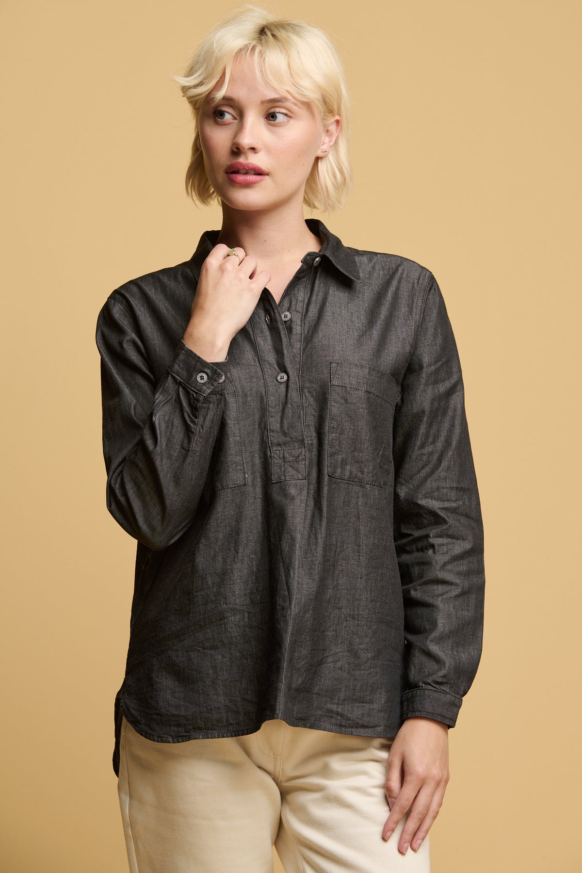 
            Women&#39;s Olivia Half Placket Lightweight Denim Shirt - Black