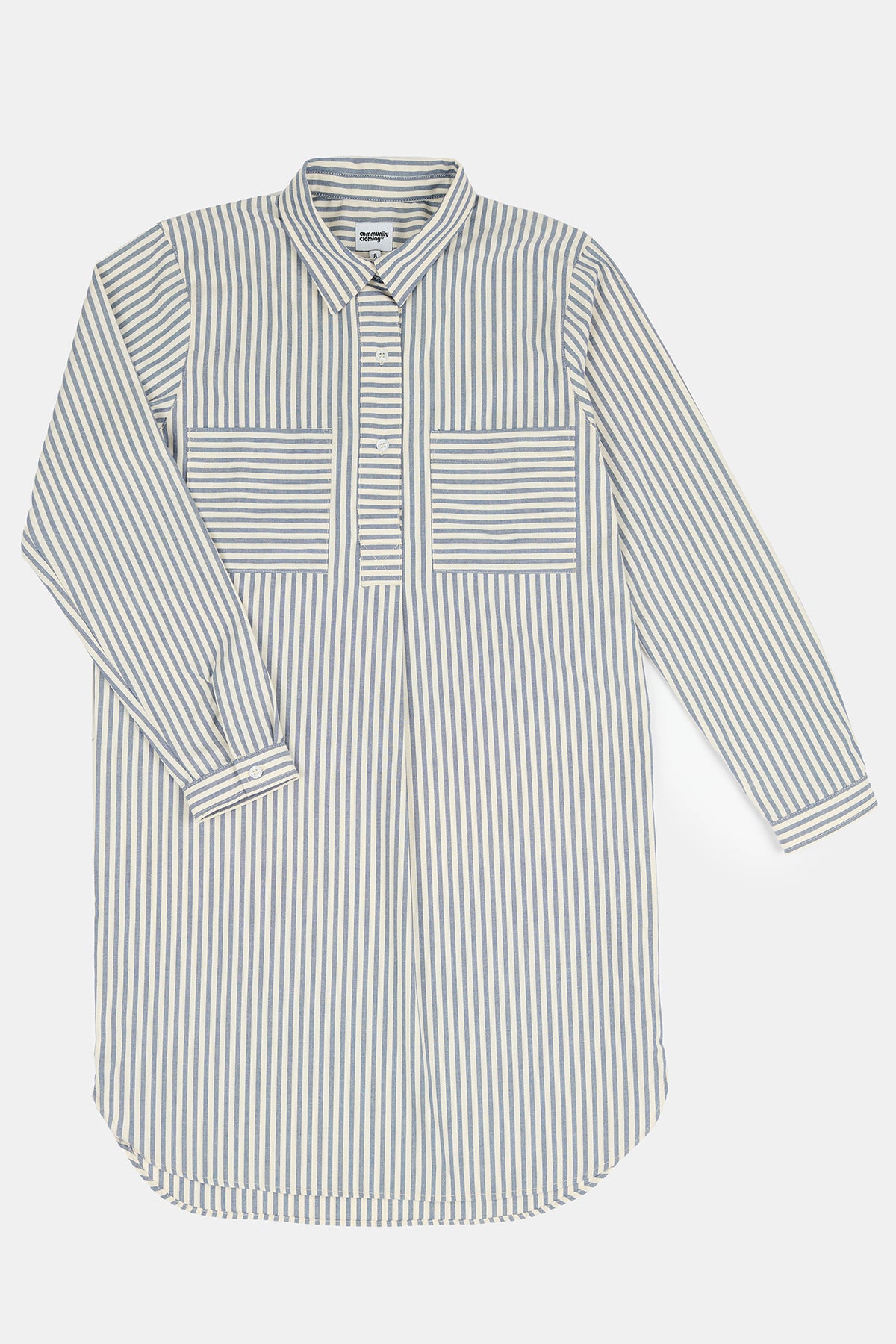 Flatlay product image of women's Olivia shirt dress in navy white stripe
