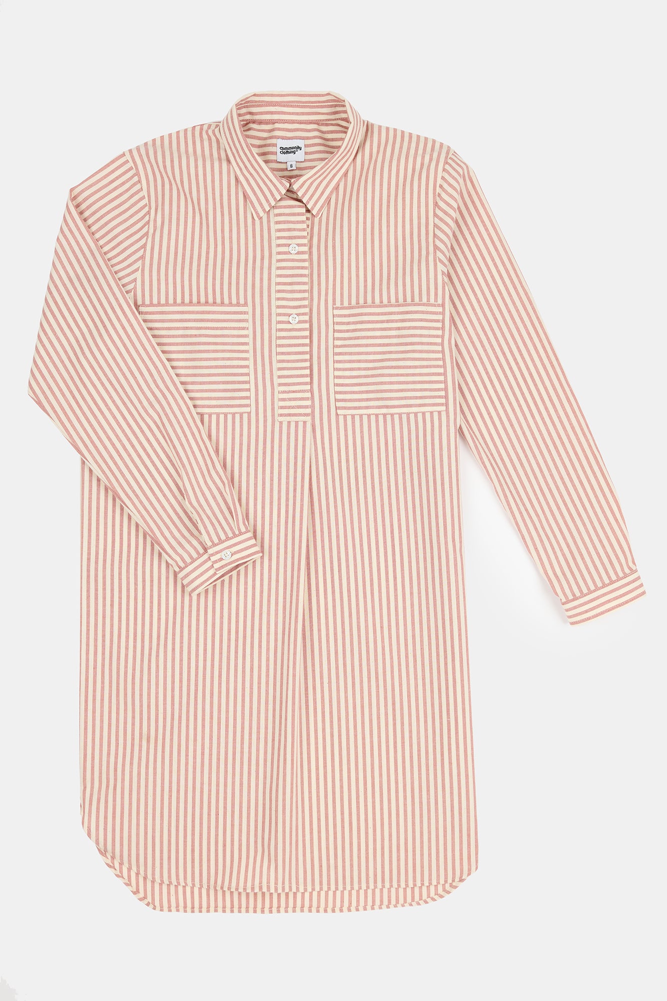 Flatlay product image of women's Olivia shirt dress in red and white stripe