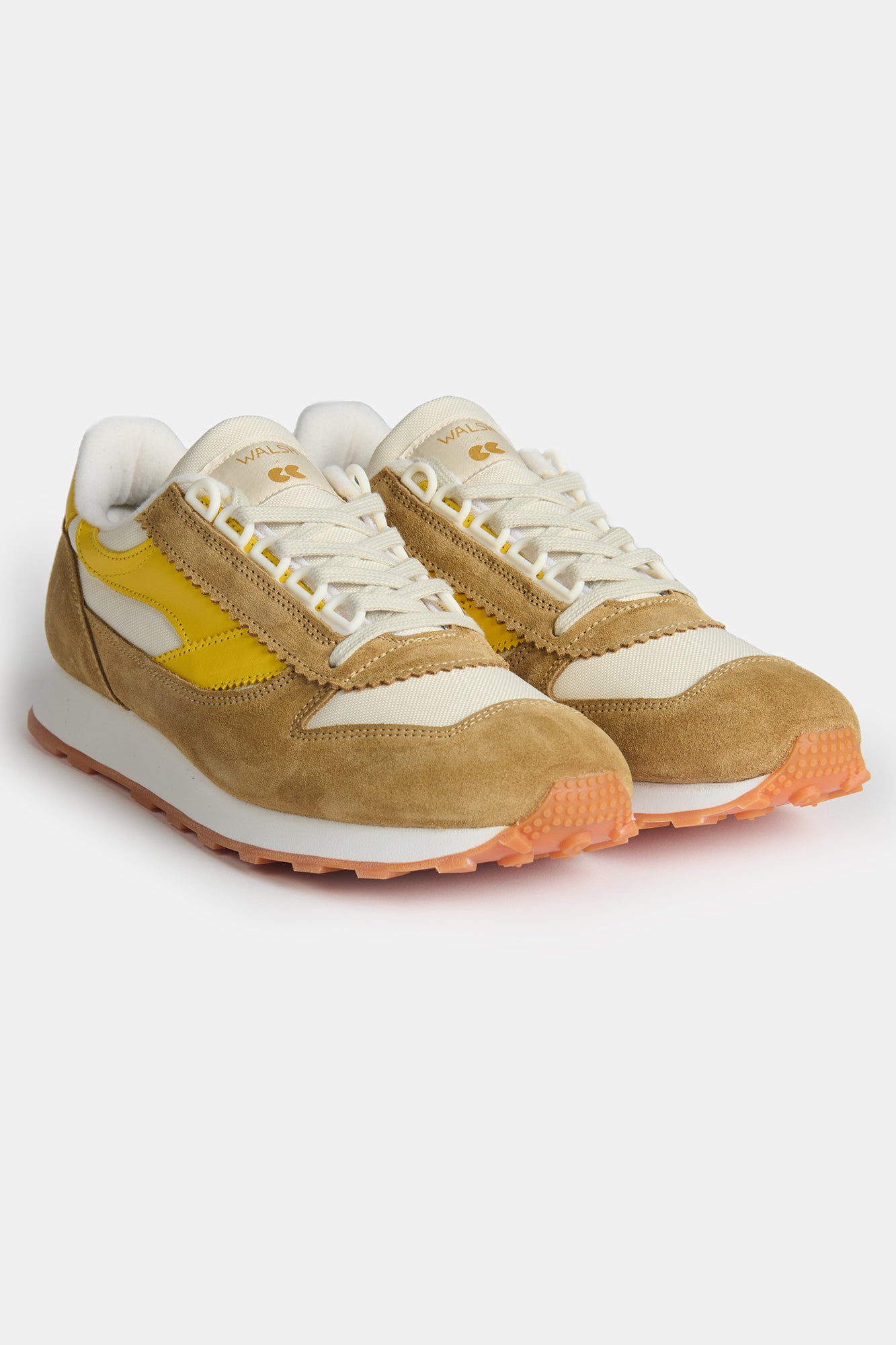 Product shot of a pair of Walsh X CC Parlick trainers in Ivory/Tan/Yellow.