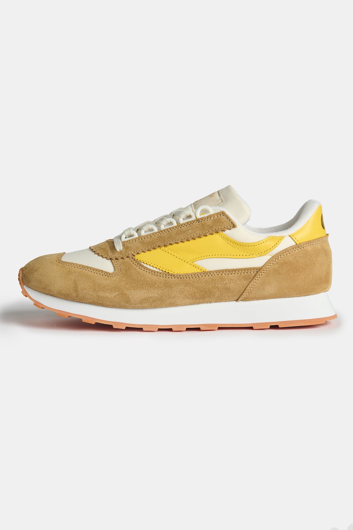 The side of Walsh X CC Parlick trainers in Ivory/Tan/Yellow.