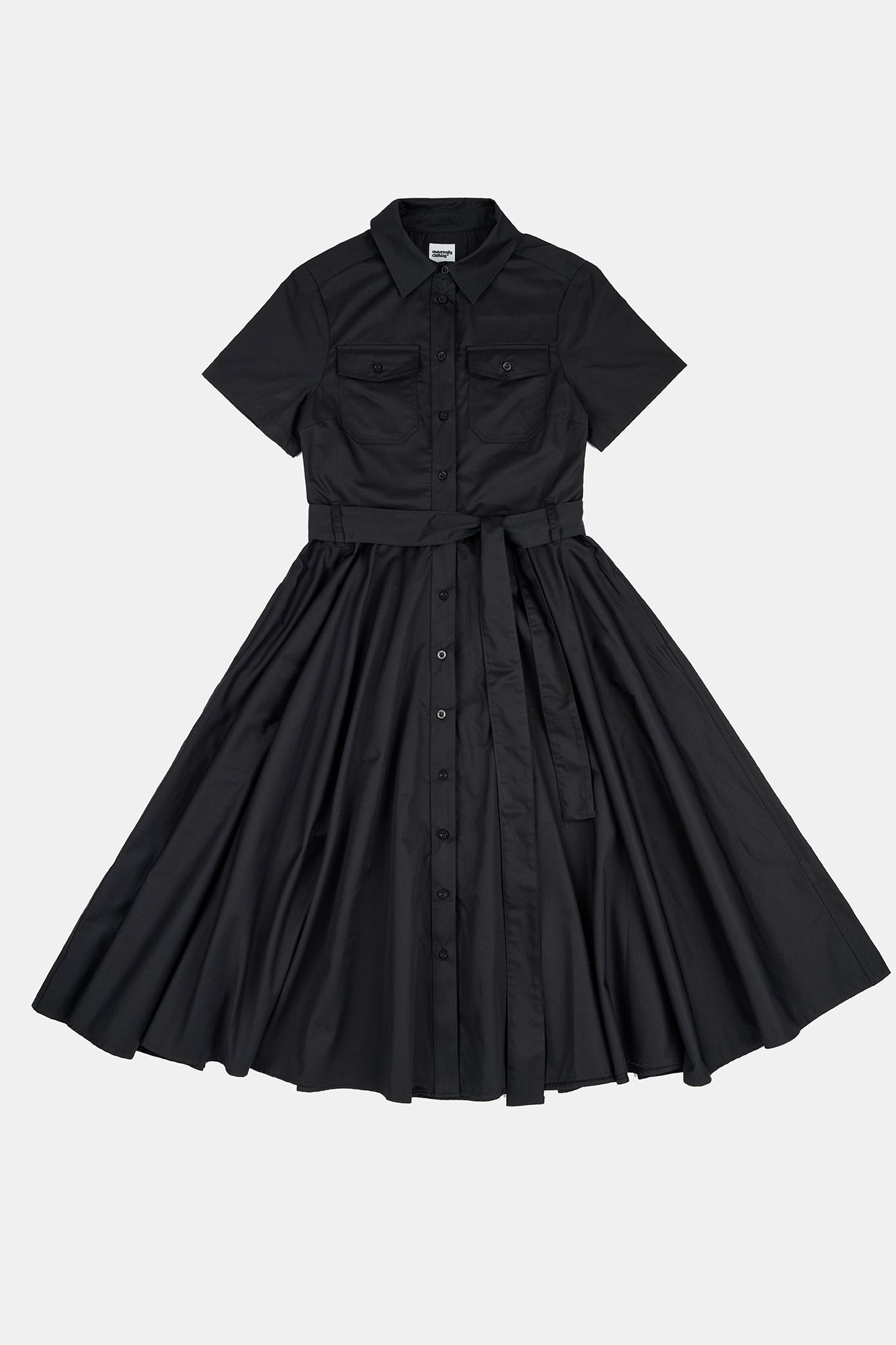 Flatlay product image of women's Full skirted phoebe trench dress in black