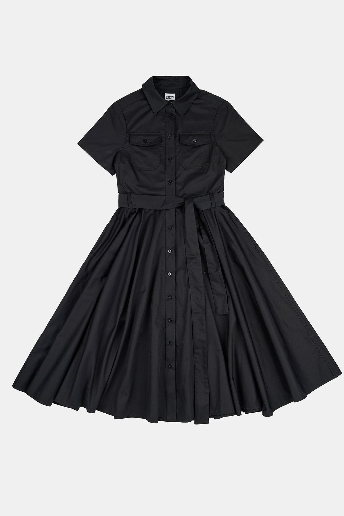 Flatlay product image of women's Full skirted phoebe trench dress in black