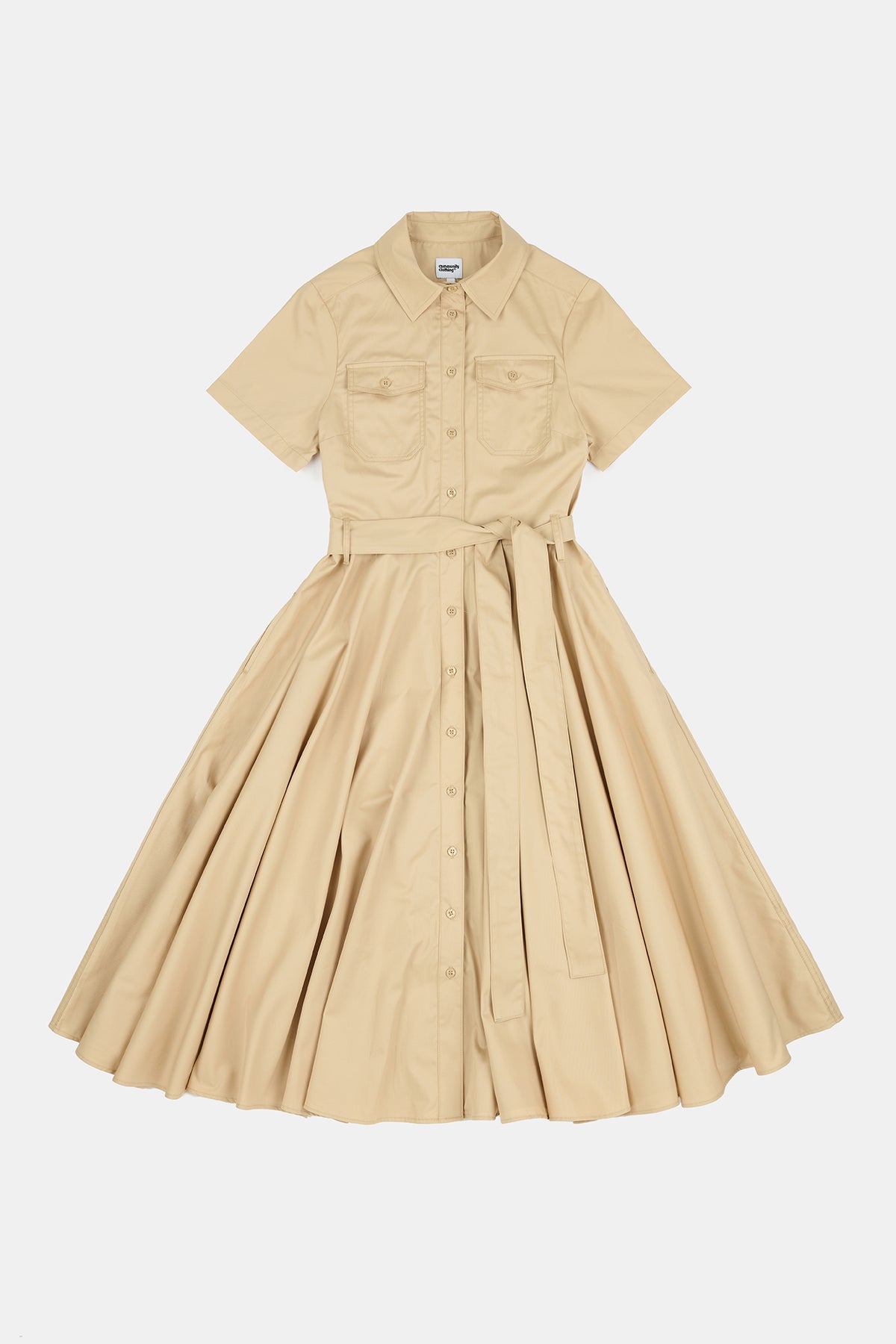 Flatlay product image of full skirted phoebe trench dress in stone