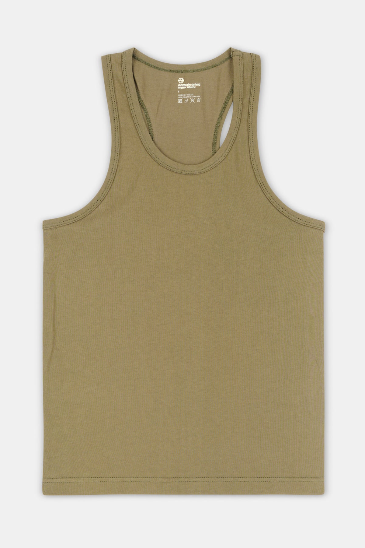 Flatlay of women's plastic free racer back vest in olive