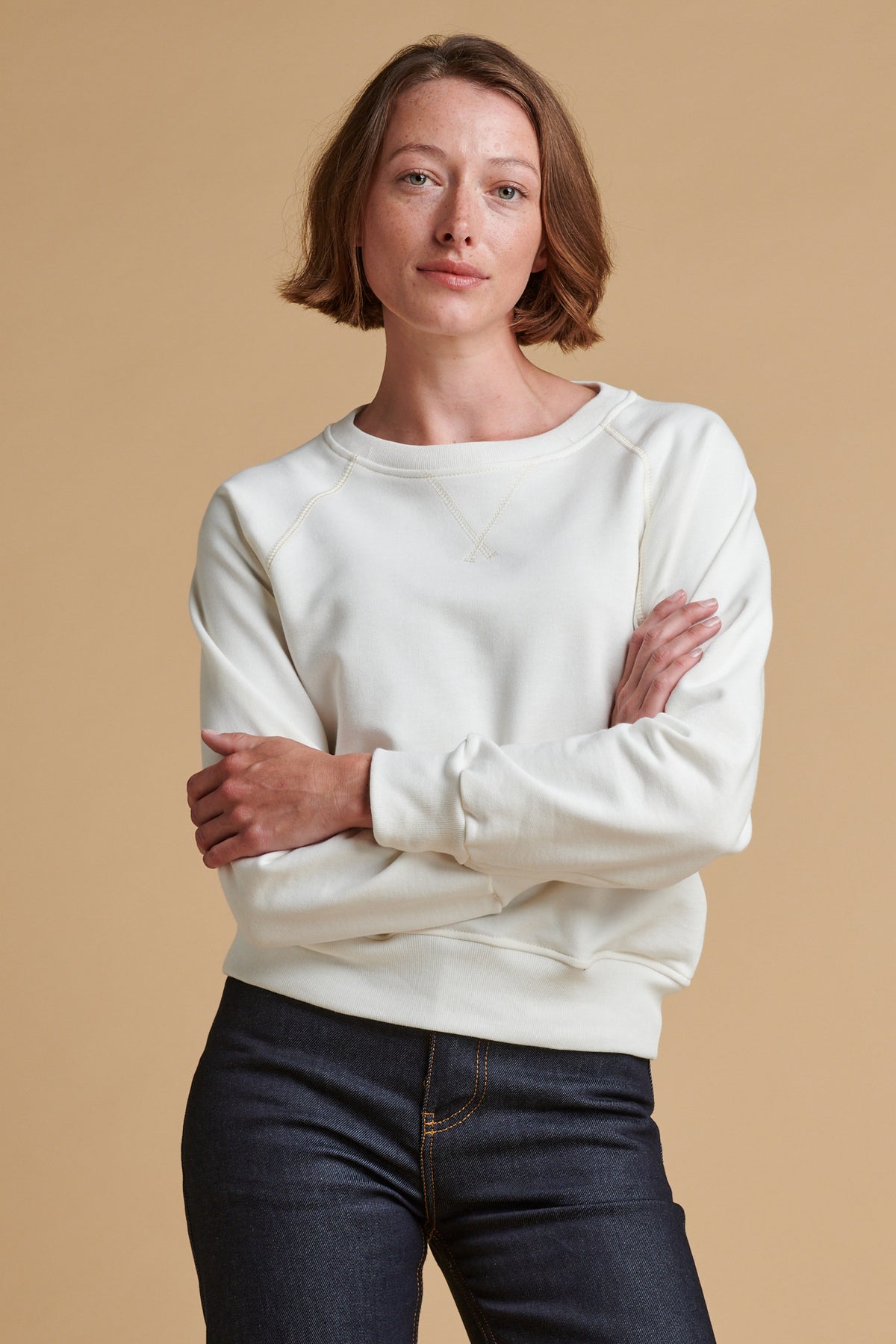 Female wearing raglan sweatshirt plastic free in bone.