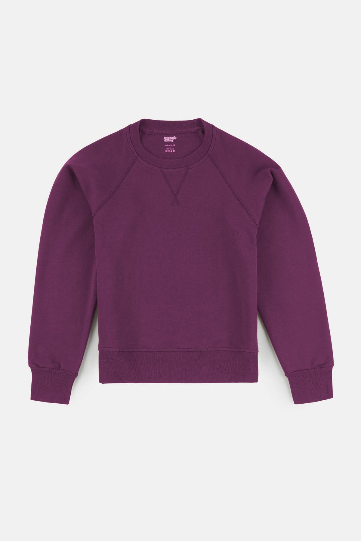 Flatlay product shot of women's raglan sweatshirt in plum