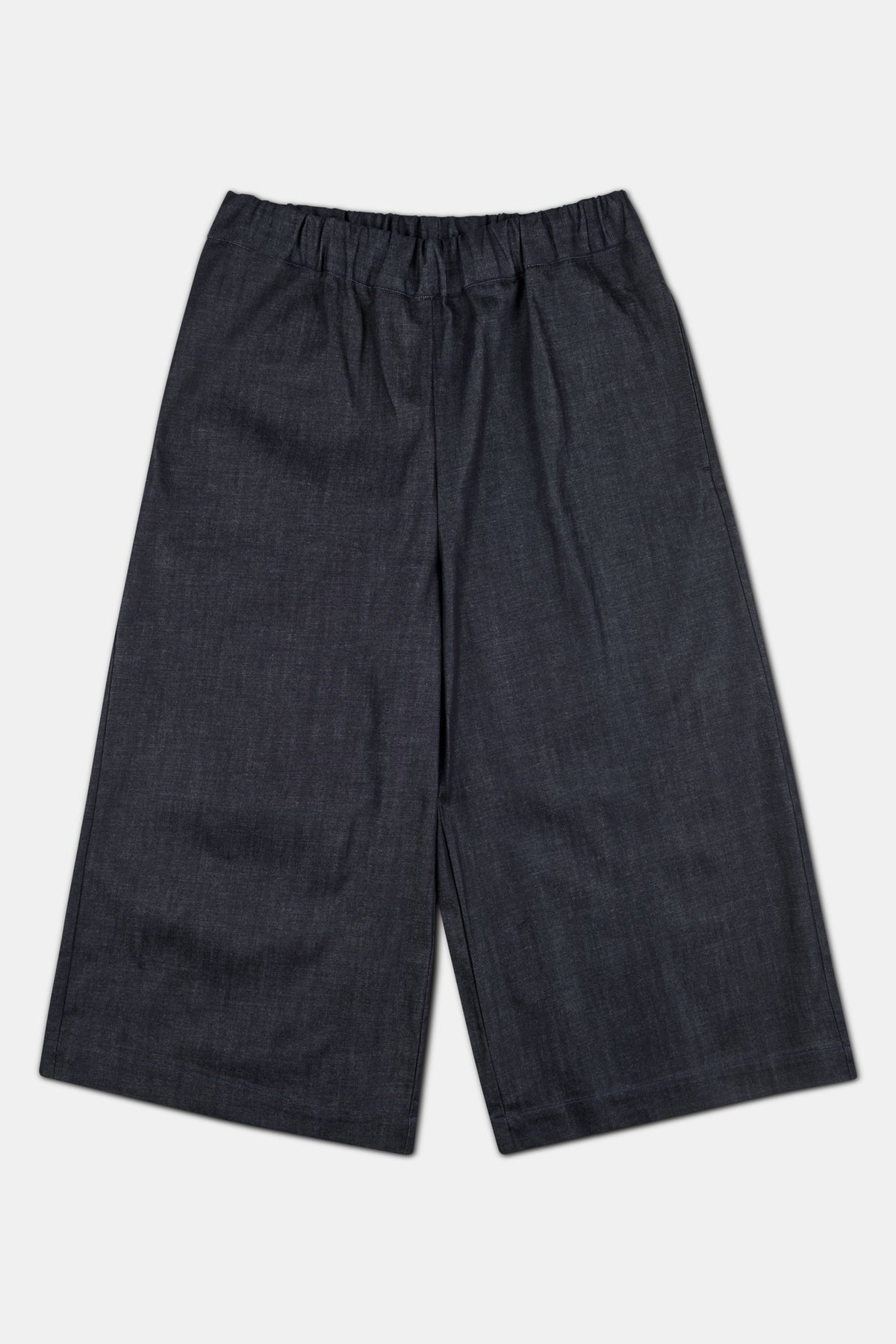 
            women&#39;s short pj trousers in indigo denim with elasticated waist