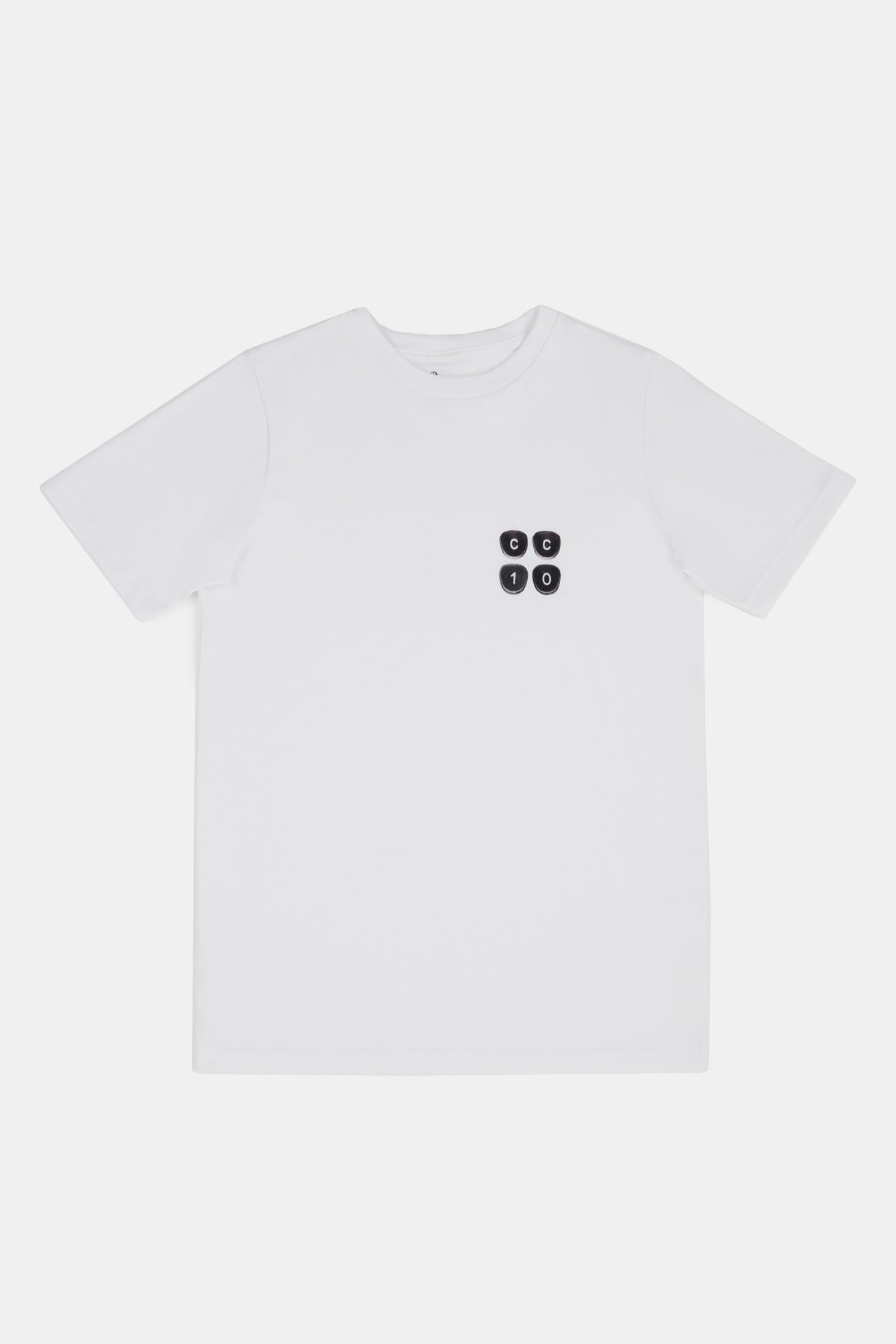 A white short sleeve crew neck t-shirt with small black graphic print.