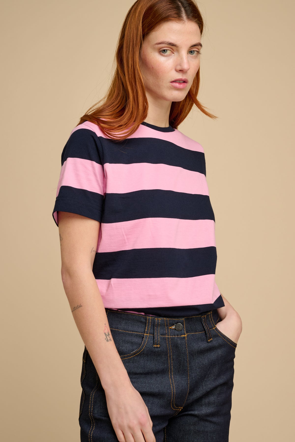 Wide Stripe Short Sleeve T Shirt- Navy/ Pink