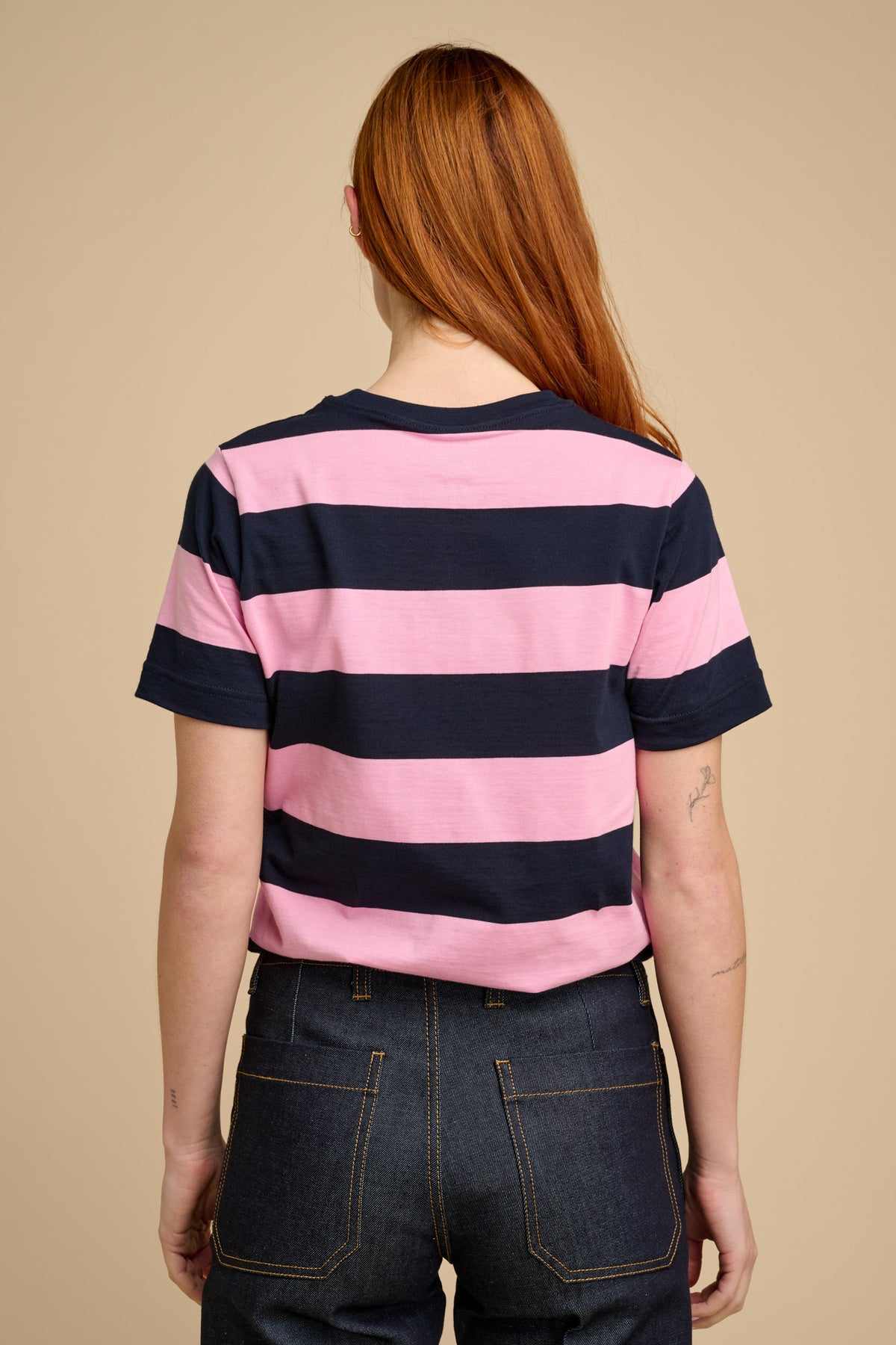 Wide Stripe Short Sleeve T Shirt- Navy/ Pink
