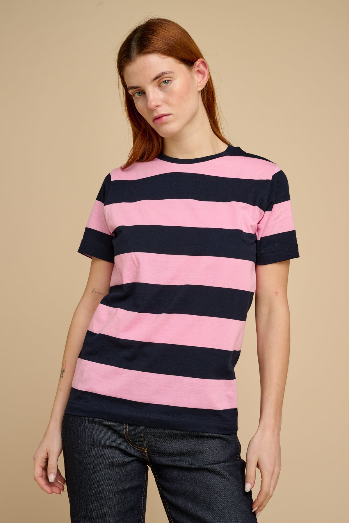 Wide Stripe Short Sleeve T Shirt- Navy/ Pink