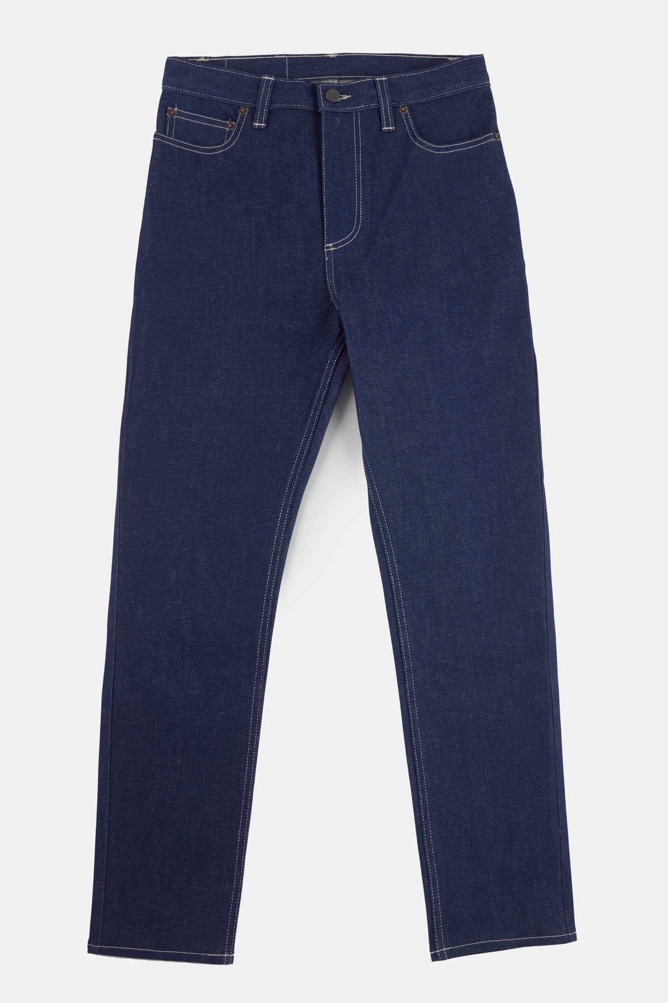 Women's straight leg high rise jean in Blue flatlay