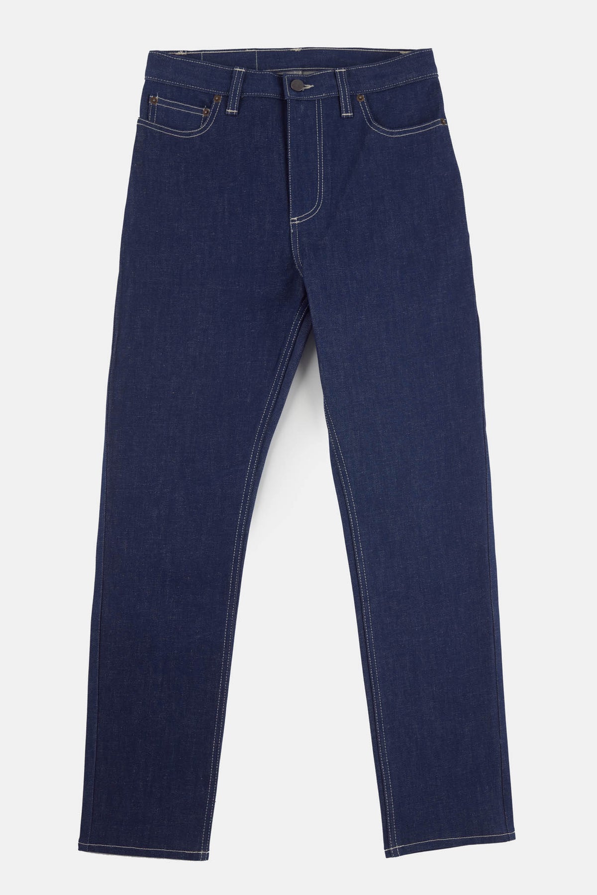 Women's straight leg high rise jean in Blue flatlay