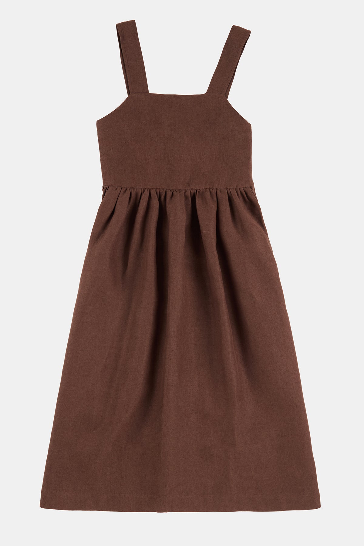 Flatlay product shot of women's sun dress in cocoa linen