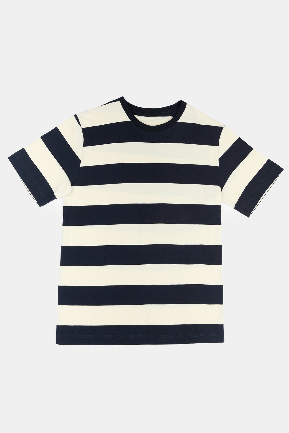 Flatlay product image of women's wide stripe short sleeve t shirt in ecru and navy