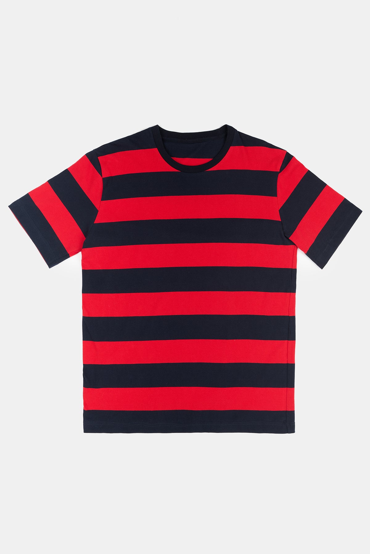 
            Flatlay product image of wide stripe short sleeve t shirt in red navy